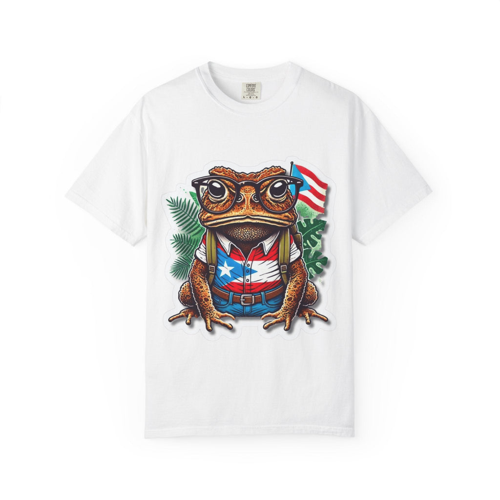 Puerto rico Patriotic Frog T-Shirt, Unisex Garment - Dyed Tee for Nature Lovers, Summer Parties, Luce tu orgullo puertorriqueño con estilo PR - Metamorphosis Creations