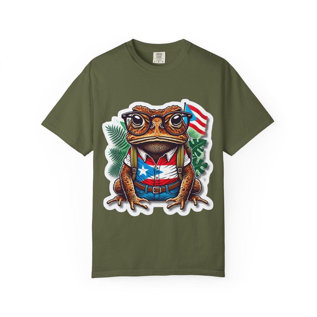 Puerto rico Patriotic Frog T-Shirt, Unisex Garment - Dyed Tee for Nature Lovers, Summer Parties, Luce tu orgullo puertorriqueño con estilo PR - Metamorphosis Creations