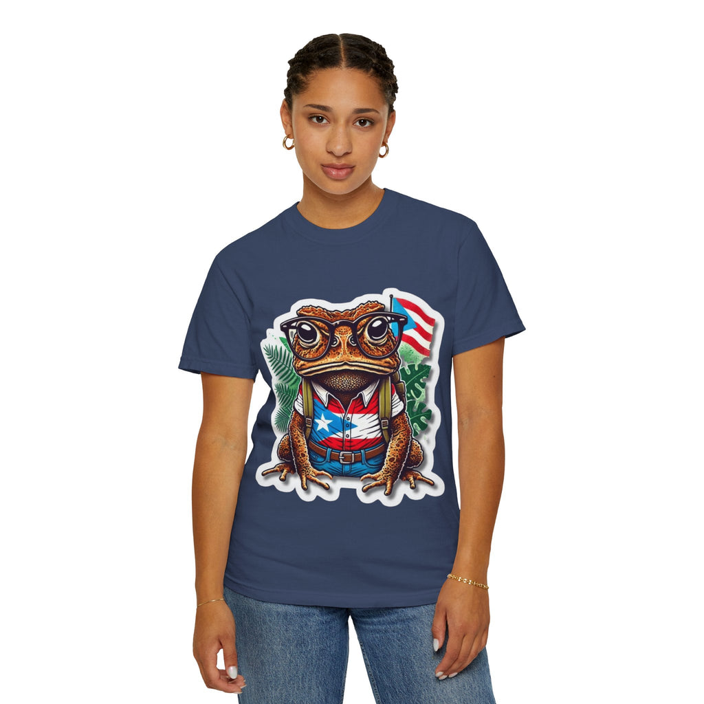 Puerto rico Patriotic Frog T-Shirt, Unisex Garment - Dyed Tee for Nature Lovers, Summer Parties, Luce tu orgullo puertorriqueño con estilo PR - Metamorphosis Creations