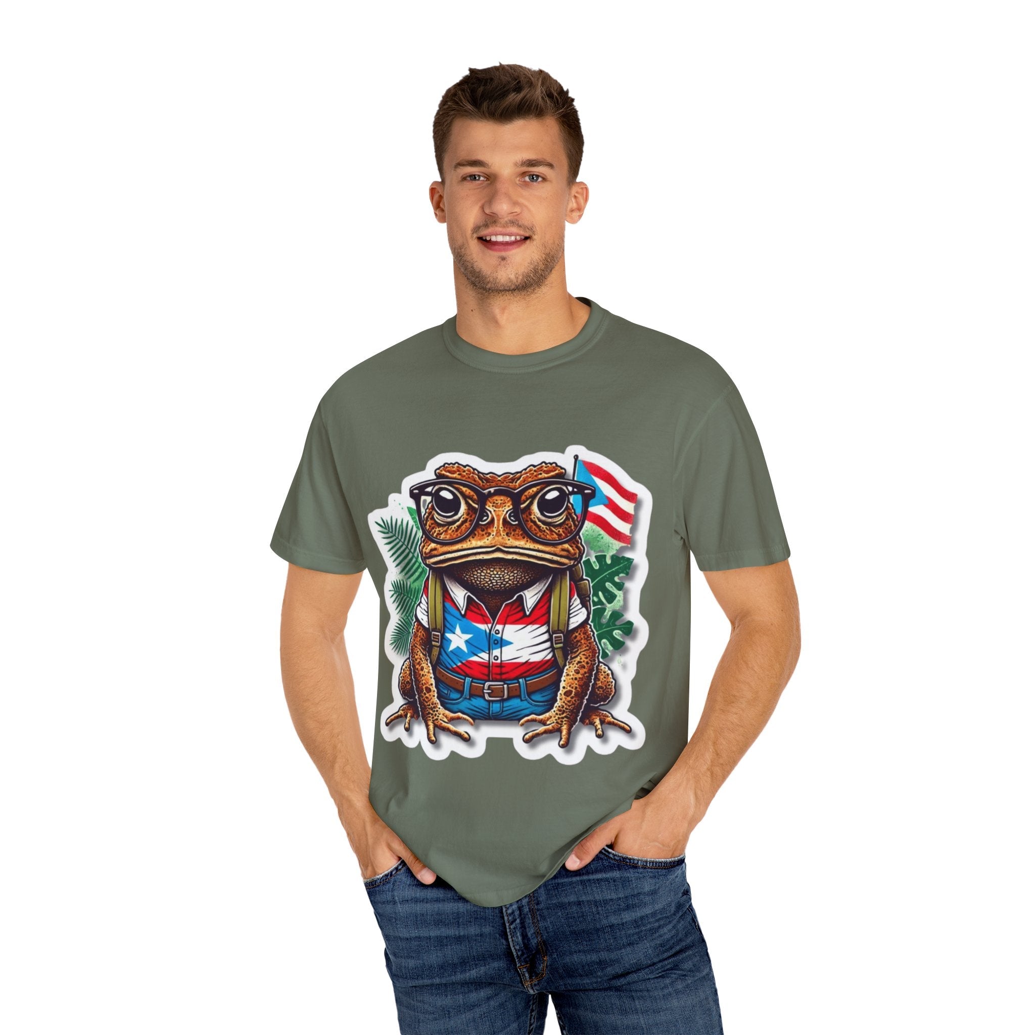 Puerto rico Patriotic Frog T-Shirt, Unisex Garment - Dyed Tee for Nature Lovers, Summer Parties, Luce tu orgullo puertorriqueño con estilo PR - Metamorphosis Creations
