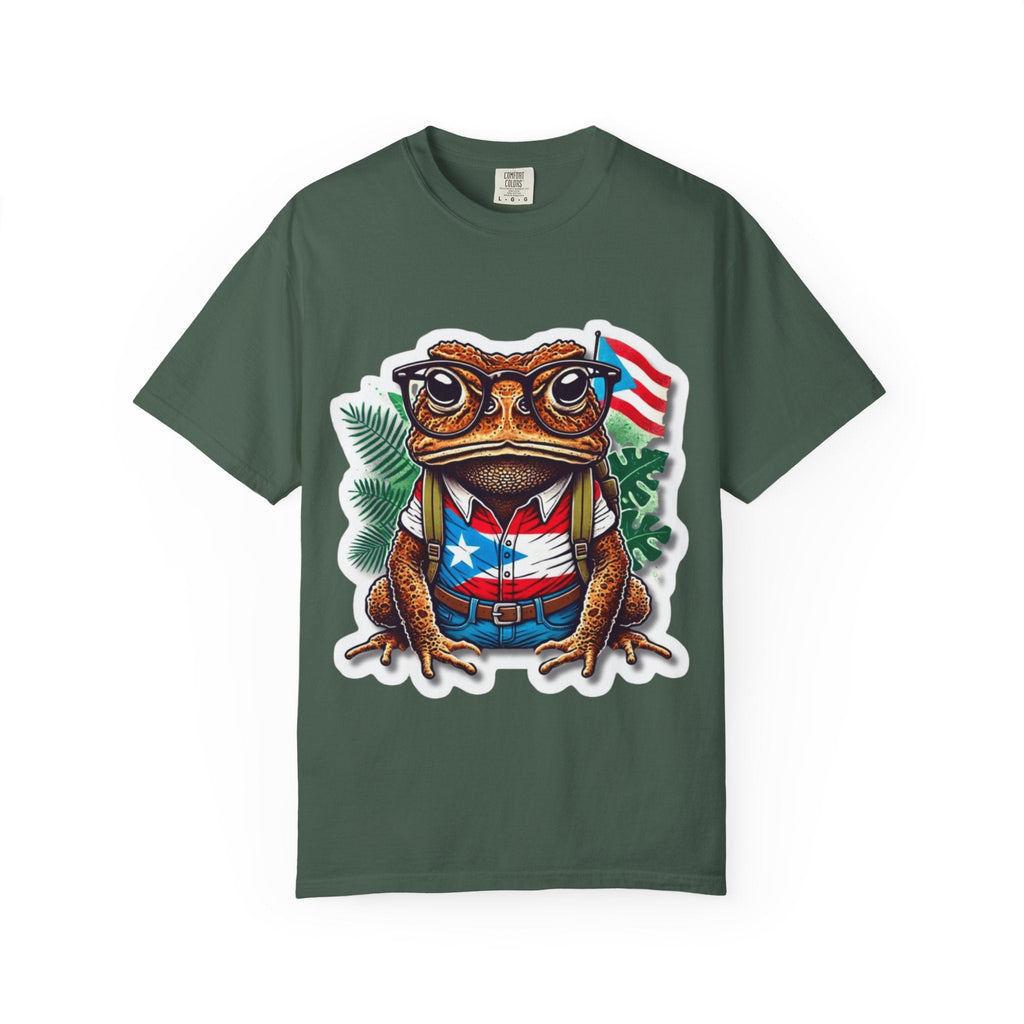 Puerto rico Patriotic Frog T-Shirt, Unisex Garment - Dyed Tee for Nature Lovers, Summer Parties, Luce tu orgullo puertorriqueño con estilo PR - Metamorphosis Creations
