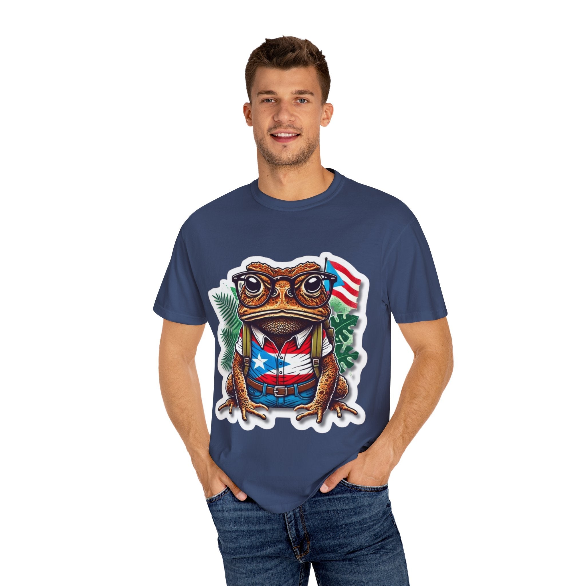 Puerto rico Patriotic Frog T-Shirt, Unisex Garment - Dyed Tee for Nature Lovers, Summer Parties, Luce tu orgullo puertorriqueño con estilo PR - Metamorphosis Creations