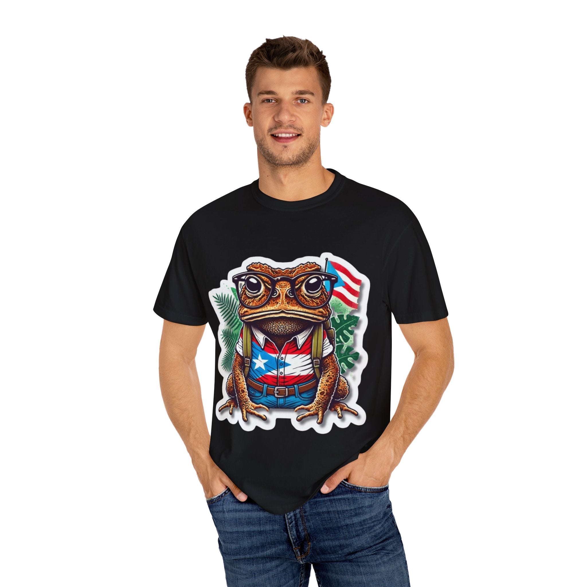 Puerto rico Patriotic Frog T-Shirt, Unisex Garment - Dyed Tee for Nature Lovers, Summer Parties, Luce tu orgullo puertorriqueño con estilo PR - Metamorphosis Creations