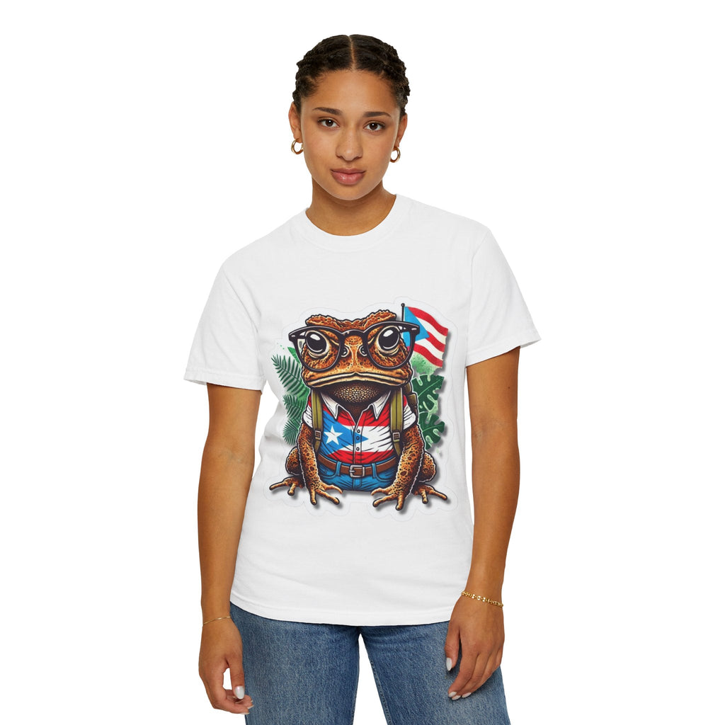 Puerto rico Patriotic Frog T-Shirt, Unisex Garment - Dyed Tee for Nature Lovers, Summer Parties, Luce tu orgullo puertorriqueño con estilo PR - Metamorphosis Creations