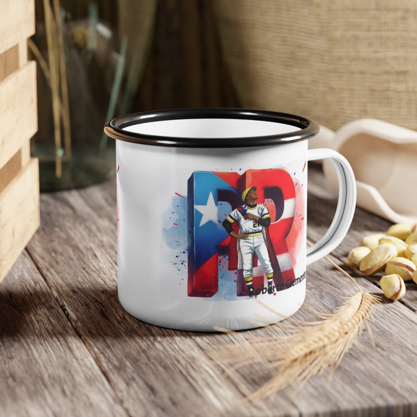 Roberto Clemente Herencia de Puerto Rico Enamel Camp Cup | Baseball Fan Gift, Outdoor Mug, Collectible Cup, Sports Enthusiast, Celebration Drinkware - Metamorphosis Creations