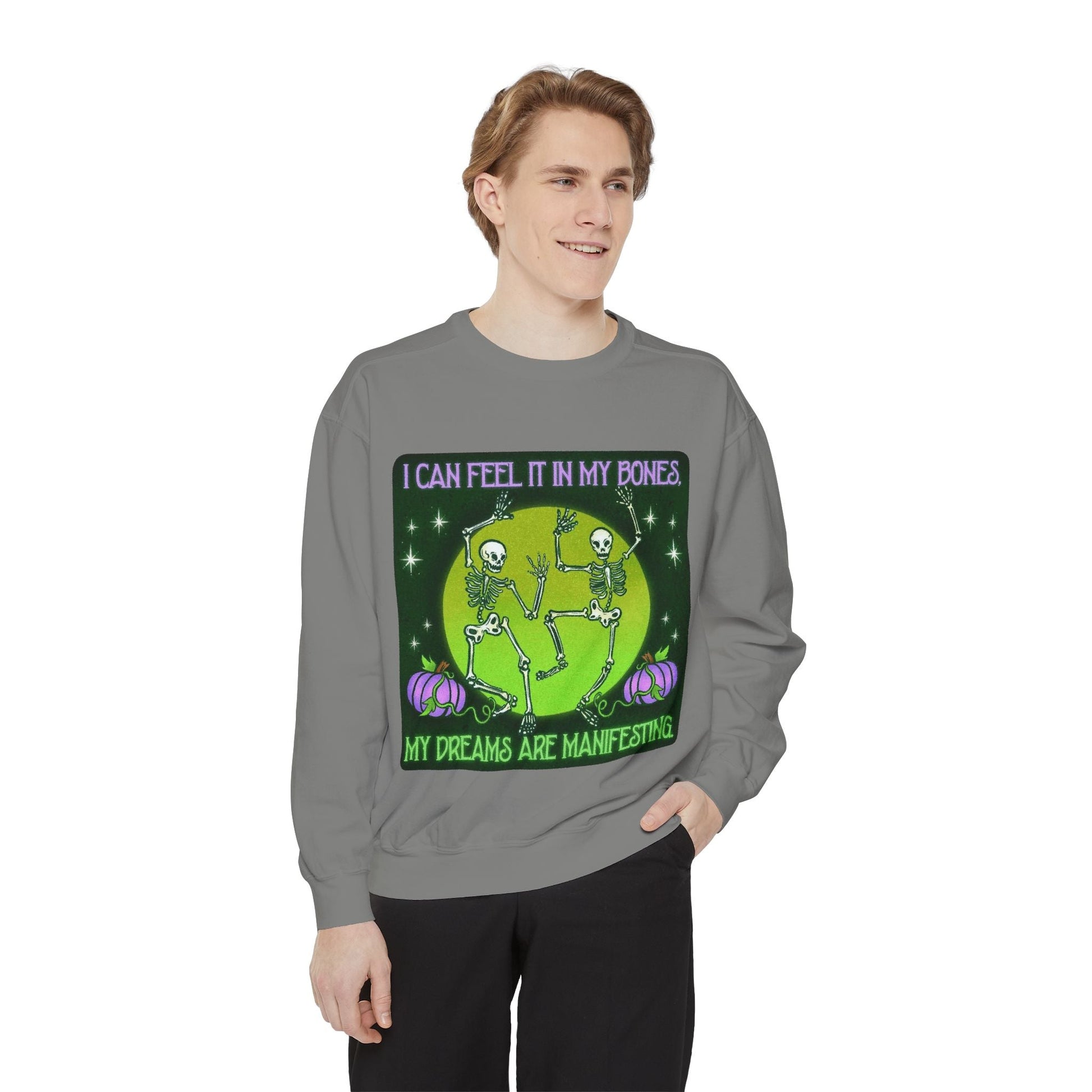 Spooky Manifesting Sweatshirt, Unisex Skeleton Pullover, Halloween Apparel, Cozy Fall Fashion, Casual Trendy Top, Unique Gift - Metamorphosis Creations