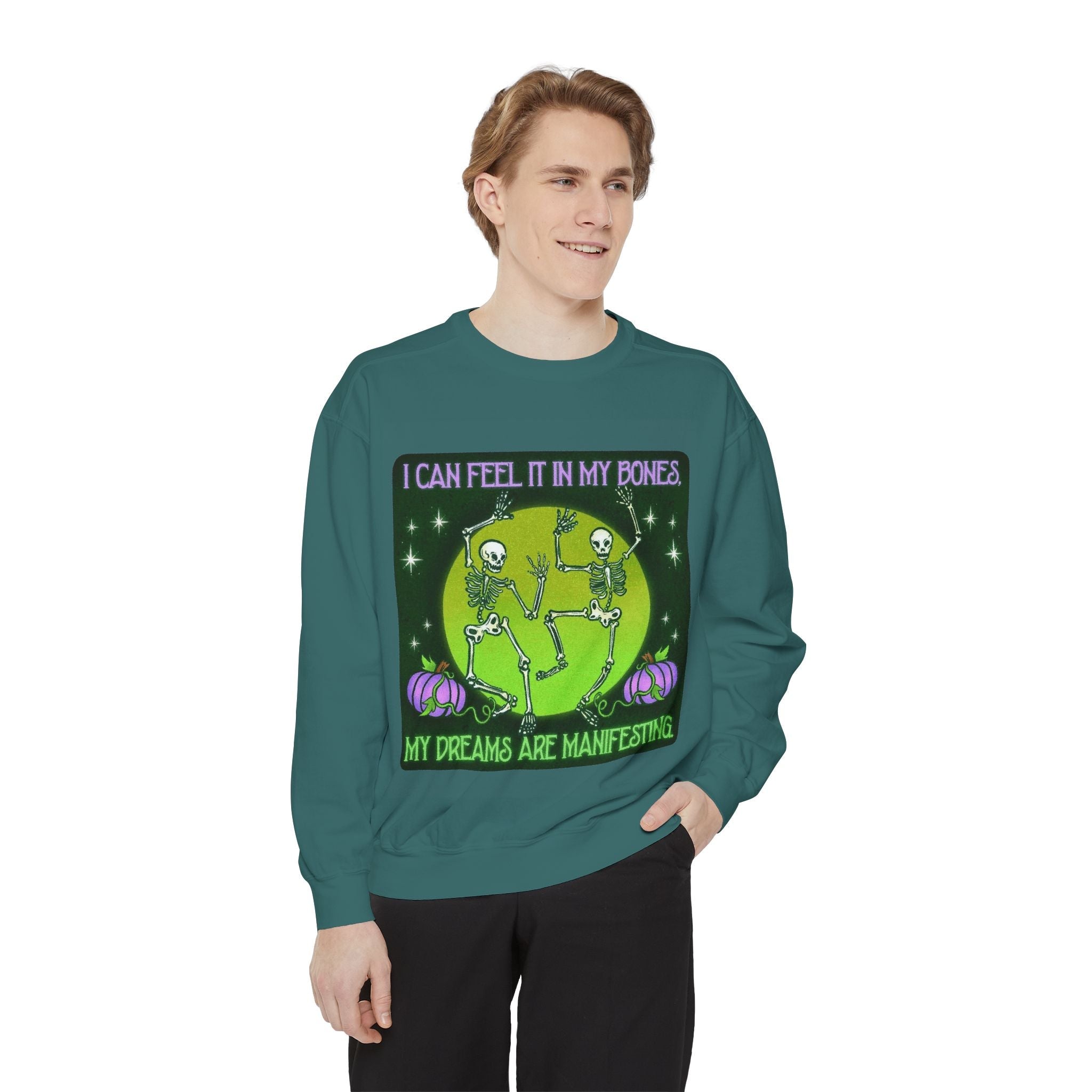 Spooky Manifesting Sweatshirt, Unisex Skeleton Pullover, Halloween Apparel, Cozy Fall Fashion, Casual Trendy Top, Unique Gift - Metamorphosis Creations