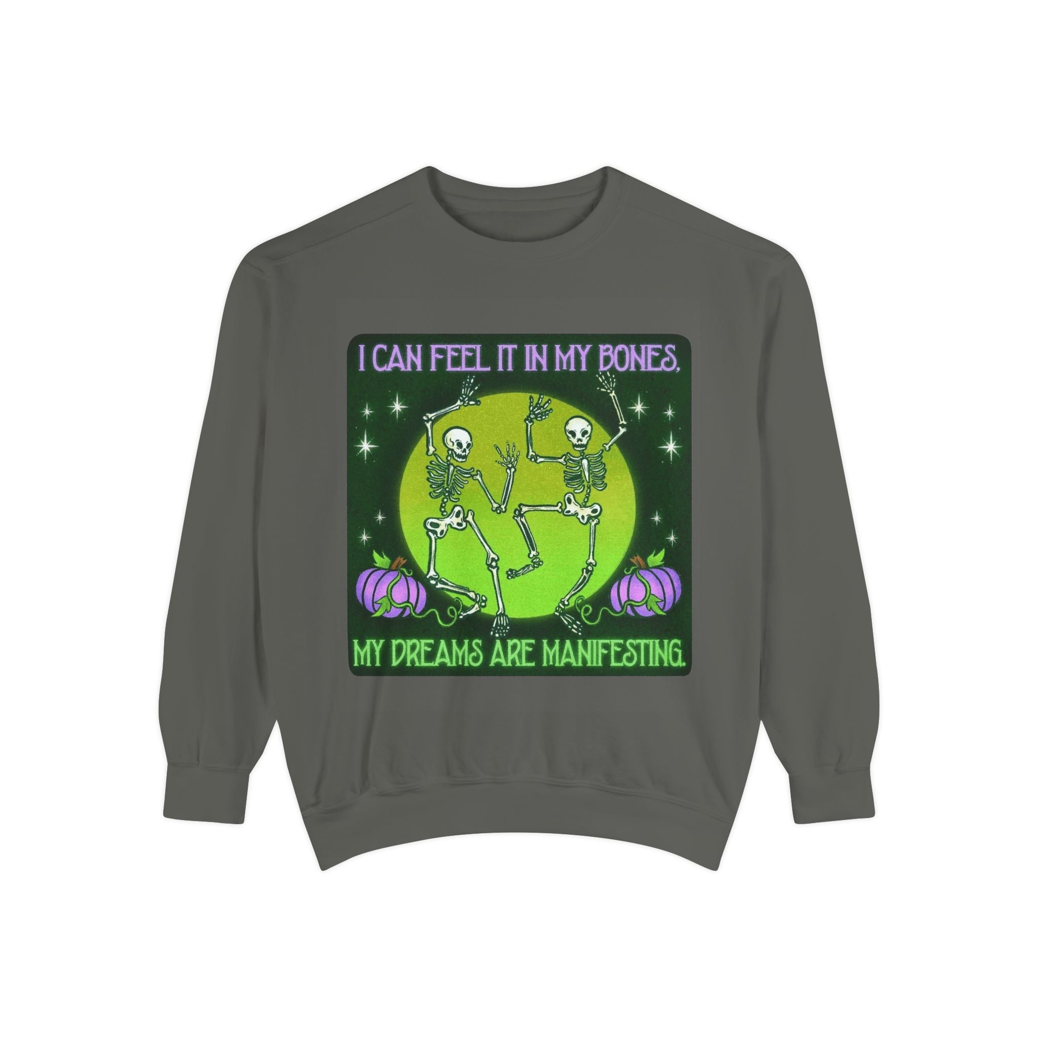 Spooky Manifesting Sweatshirt, Unisex Skeleton Pullover, Halloween Apparel, Cozy Fall Fashion, Casual Trendy Top, Unique Gift - Metamorphosis Creations