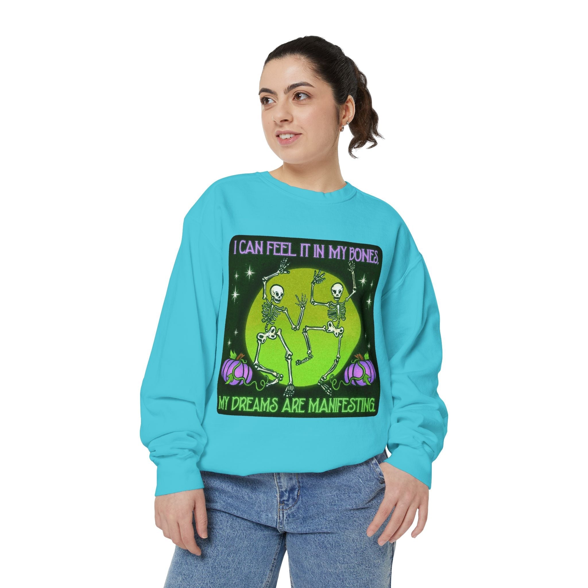 Spooky Manifesting Sweatshirt, Unisex Skeleton Pullover, Halloween Apparel, Cozy Fall Fashion, Casual Trendy Top, Unique Gift - Metamorphosis Creations