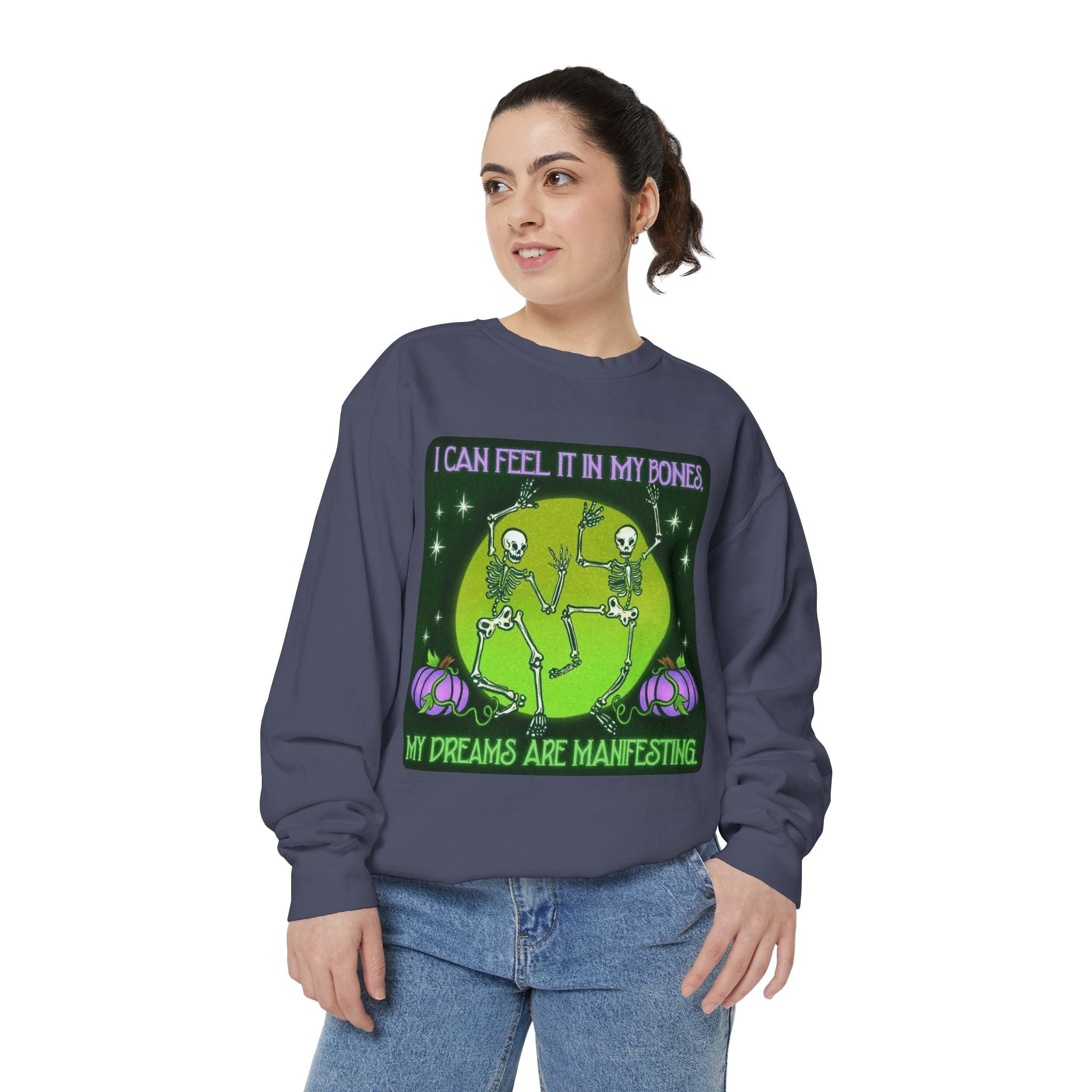 Spooky Manifesting Sweatshirt, Unisex Skeleton Pullover, Halloween Apparel, Cozy Fall Fashion, Casual Trendy Top, Unique Gift - Metamorphosis Creations