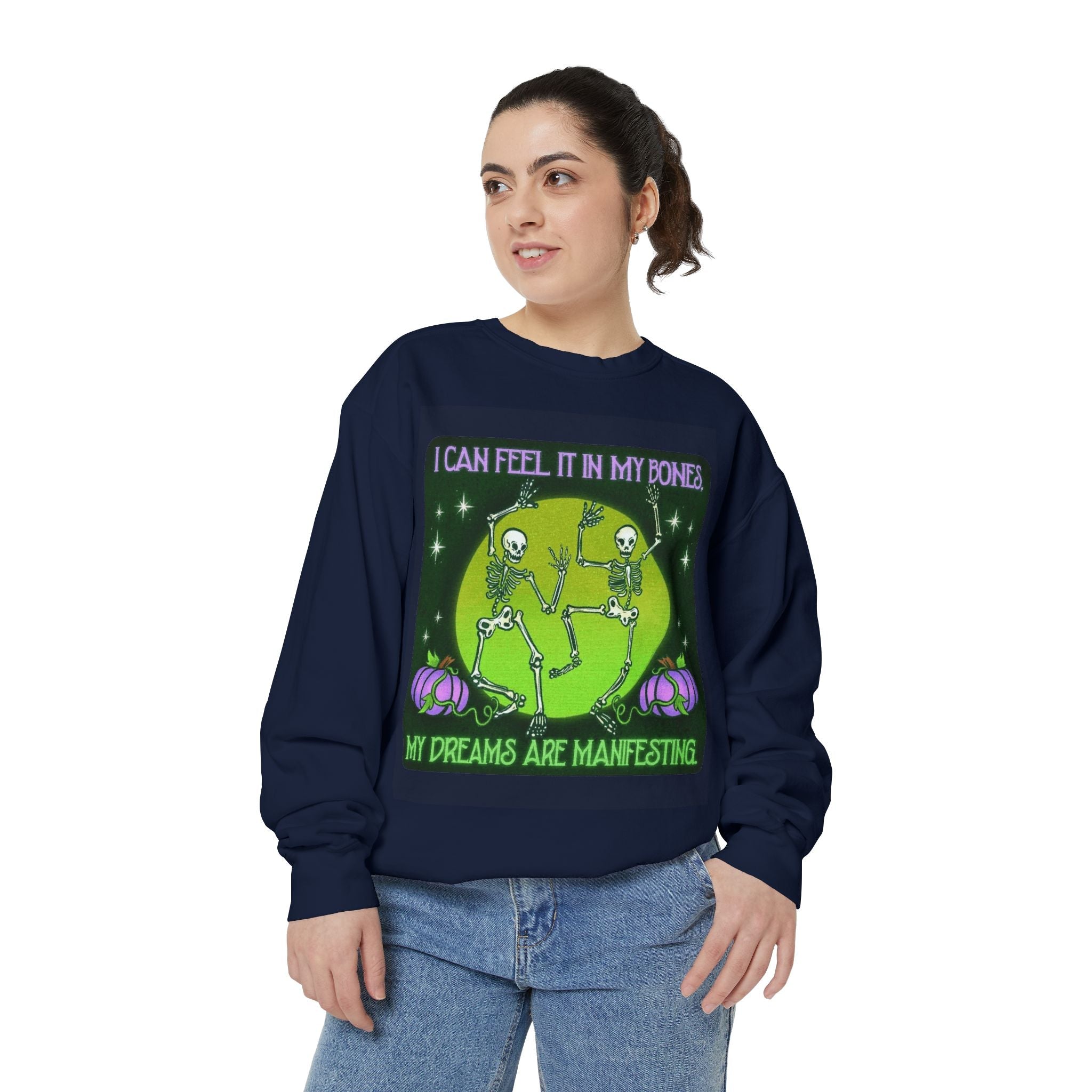 Spooky Manifesting Sweatshirt, Unisex Skeleton Pullover, Halloween Apparel, Cozy Fall Fashion, Casual Trendy Top, Unique Gift - Metamorphosis Creations