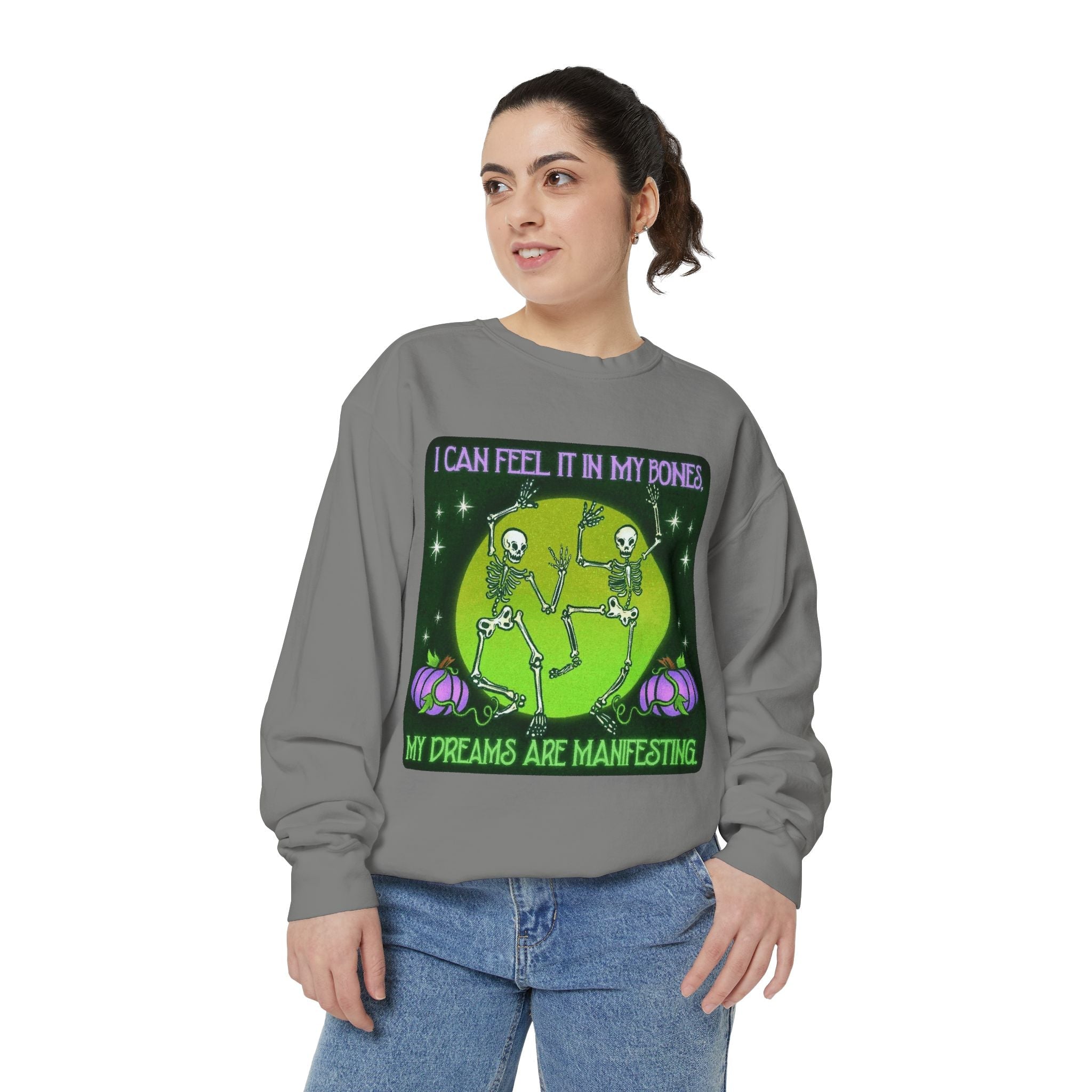 Spooky Manifesting Sweatshirt, Unisex Skeleton Pullover, Halloween Apparel, Cozy Fall Fashion, Casual Trendy Top, Unique Gift - Metamorphosis Creations