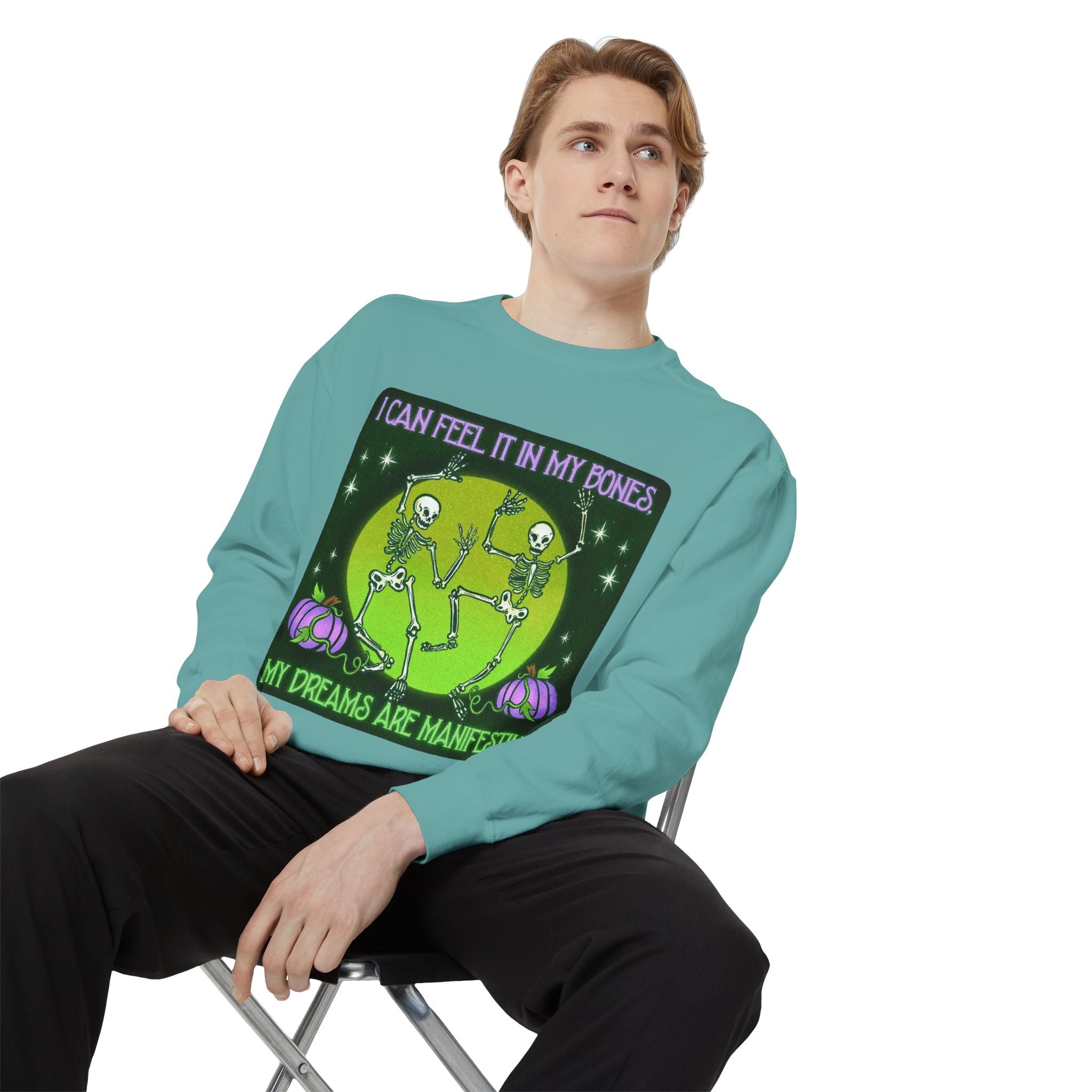 Spooky Manifesting Sweatshirt, Unisex Skeleton Pullover, Halloween Apparel, Cozy Fall Fashion, Casual Trendy Top, Unique Gift - Metamorphosis Creations
