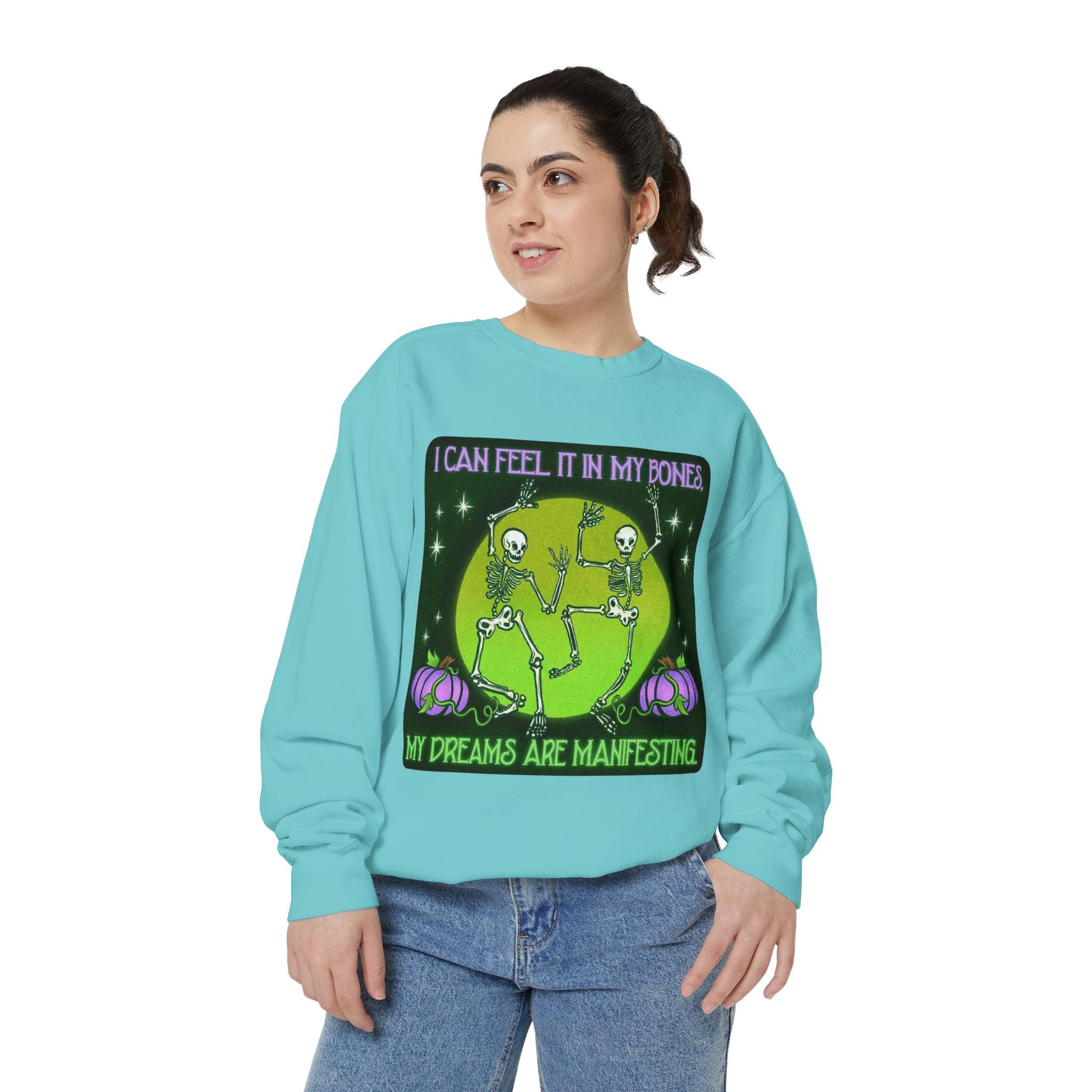 Spooky Manifesting Sweatshirt, Unisex Skeleton Pullover, Halloween Apparel, Cozy Fall Fashion, Casual Trendy Top, Unique Gift - Metamorphosis Creations
