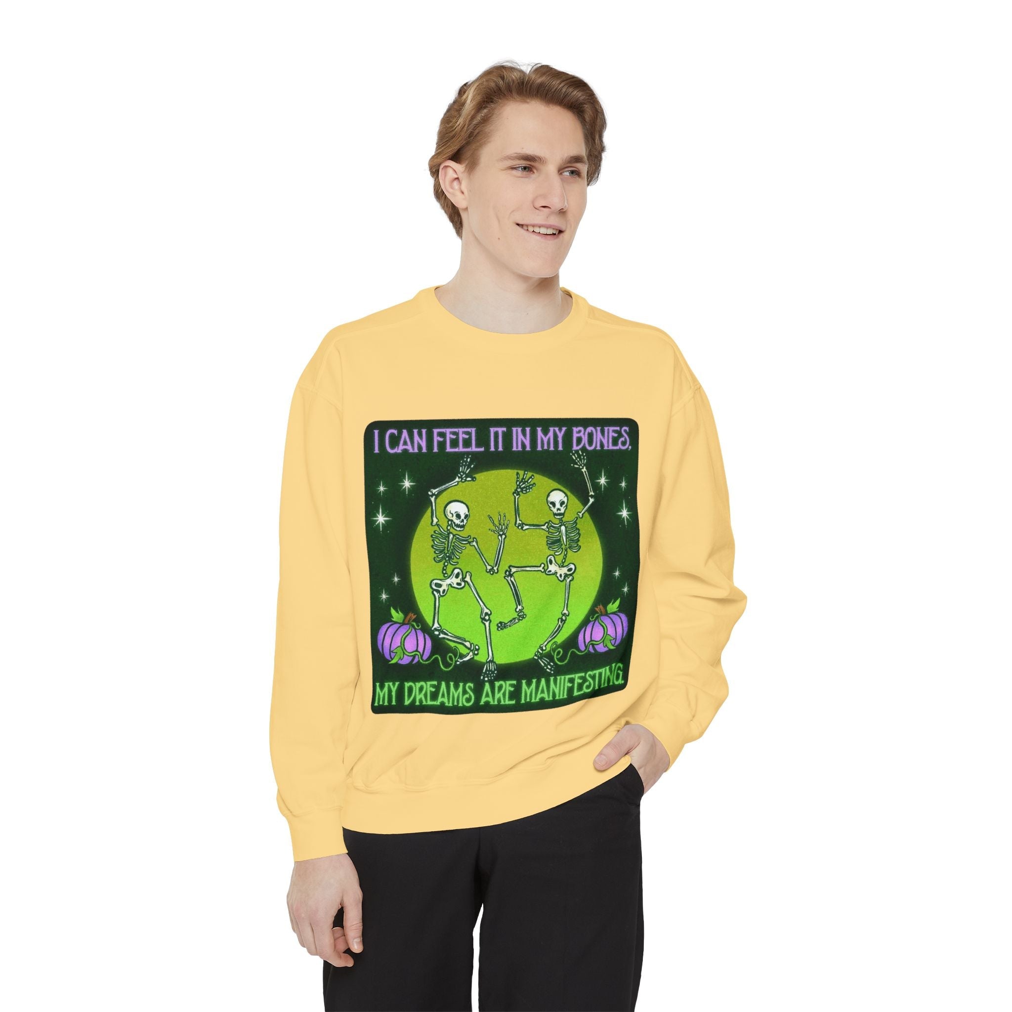 Spooky Manifesting Sweatshirt, Unisex Skeleton Pullover, Halloween Apparel, Cozy Fall Fashion, Casual Trendy Top, Unique Gift - Metamorphosis Creations