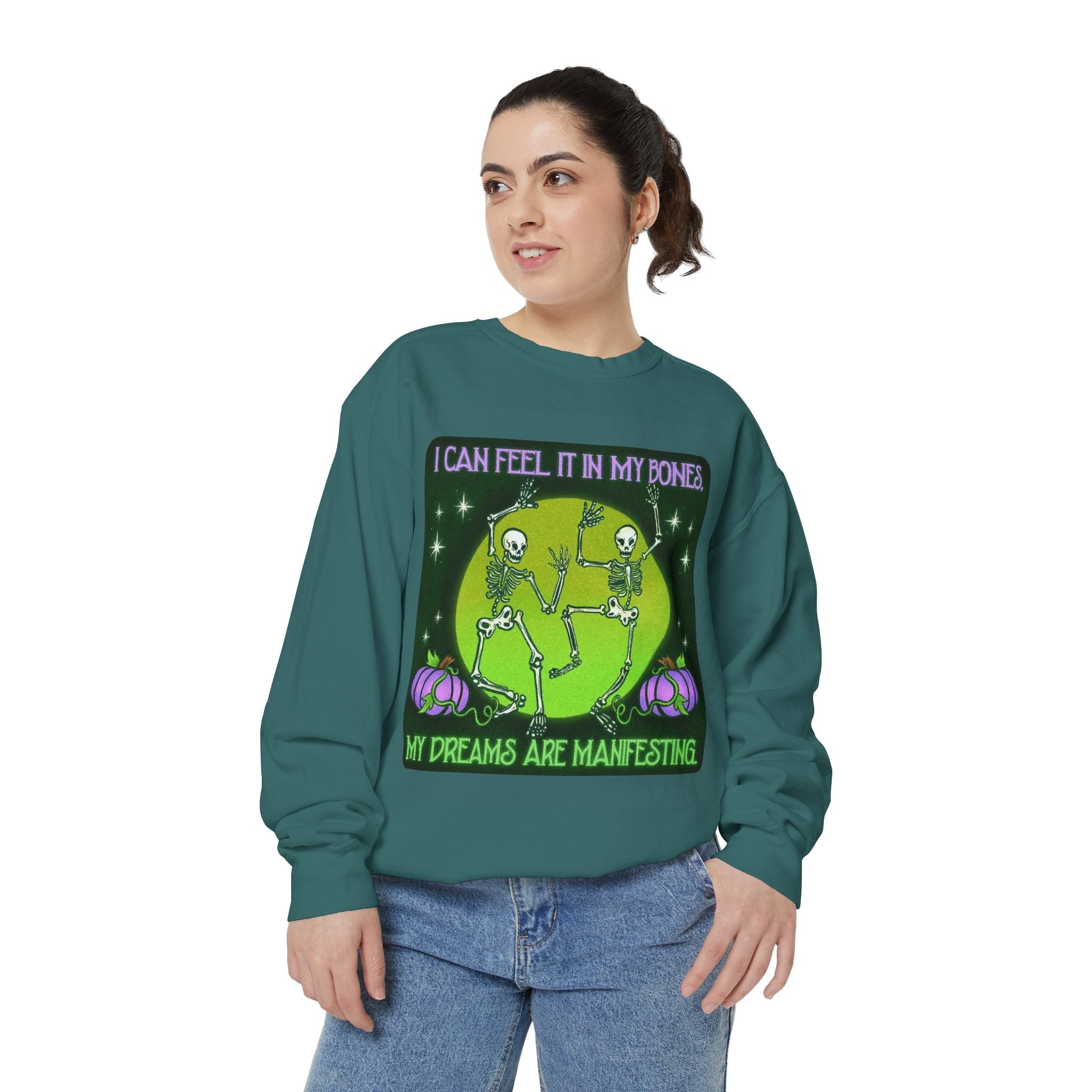 Spooky Manifesting Sweatshirt, Unisex Skeleton Pullover, Halloween Apparel, Cozy Fall Fashion, Casual Trendy Top, Unique Gift - Metamorphosis Creations