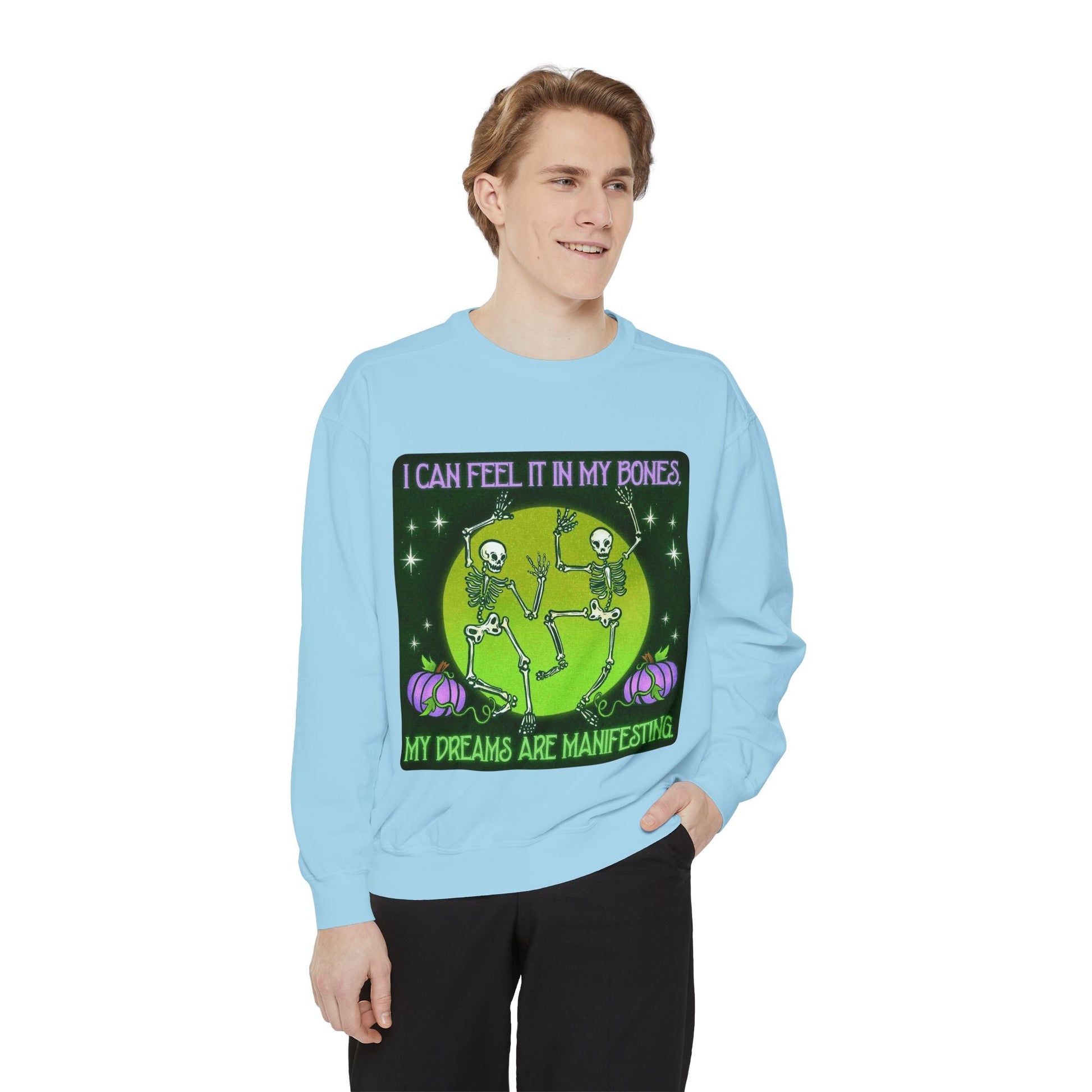 Spooky Manifesting Sweatshirt, Unisex Skeleton Pullover, Halloween Apparel, Cozy Fall Fashion, Casual Trendy Top, Unique Gift - Metamorphosis Creations
