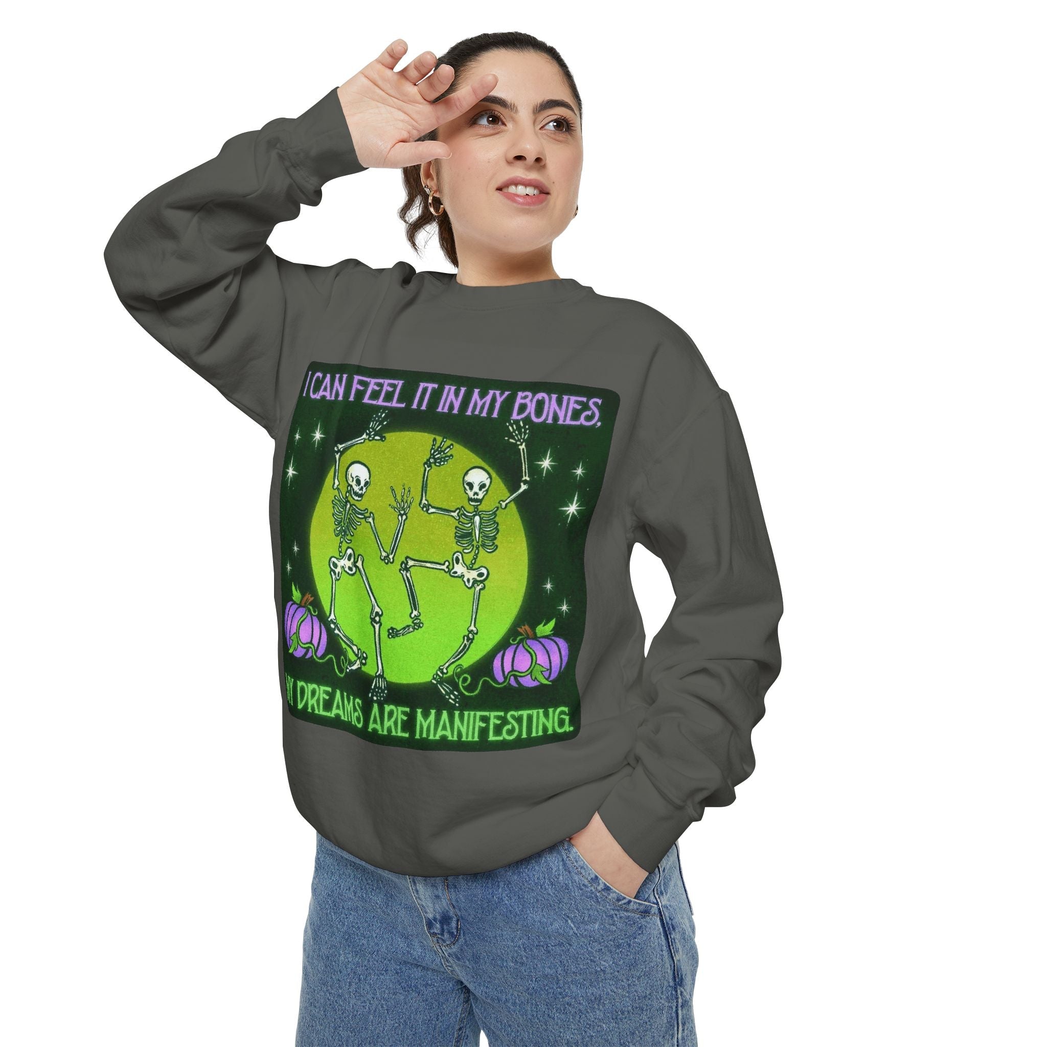 Spooky Manifesting Sweatshirt, Unisex Skeleton Pullover, Halloween Apparel, Cozy Fall Fashion, Casual Trendy Top, Unique Gift - Metamorphosis Creations