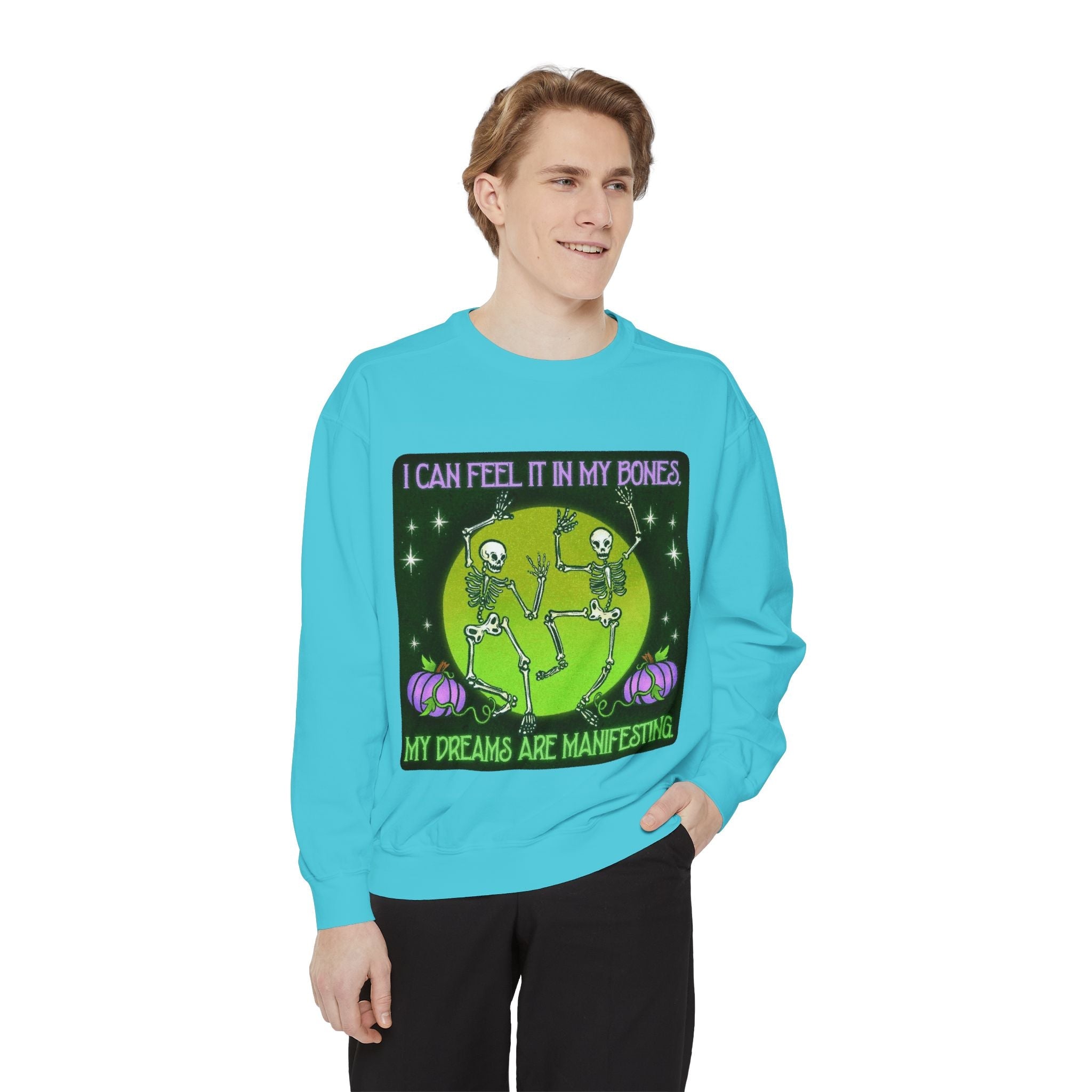 Spooky Manifesting Sweatshirt, Unisex Skeleton Pullover, Halloween Apparel, Cozy Fall Fashion, Casual Trendy Top, Unique Gift - Metamorphosis Creations