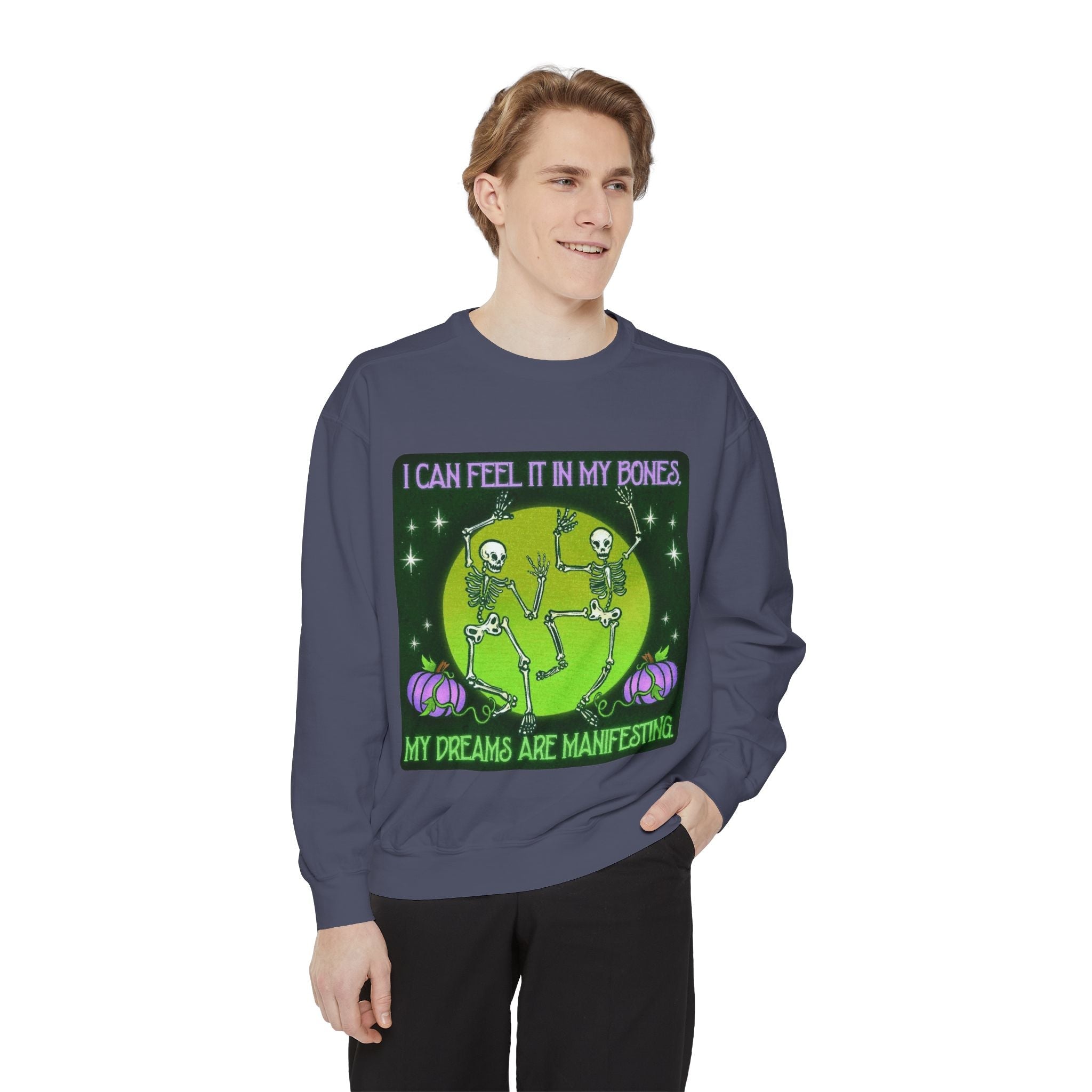 Spooky Manifesting Sweatshirt, Unisex Skeleton Pullover, Halloween Apparel, Cozy Fall Fashion, Casual Trendy Top, Unique Gift - Metamorphosis Creations