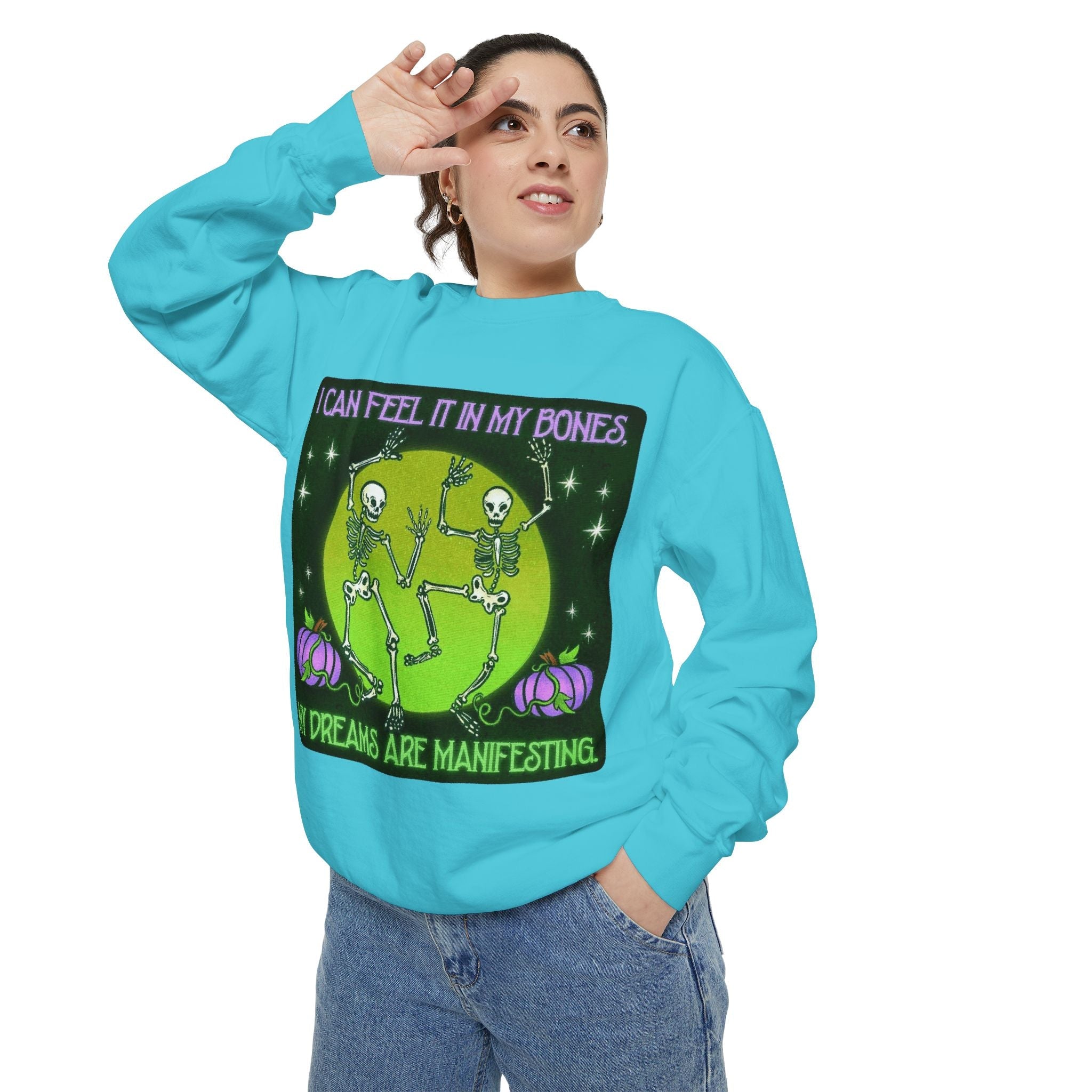 Spooky Manifesting Sweatshirt, Unisex Skeleton Pullover, Halloween Apparel, Cozy Fall Fashion, Casual Trendy Top, Unique Gift - Metamorphosis Creations