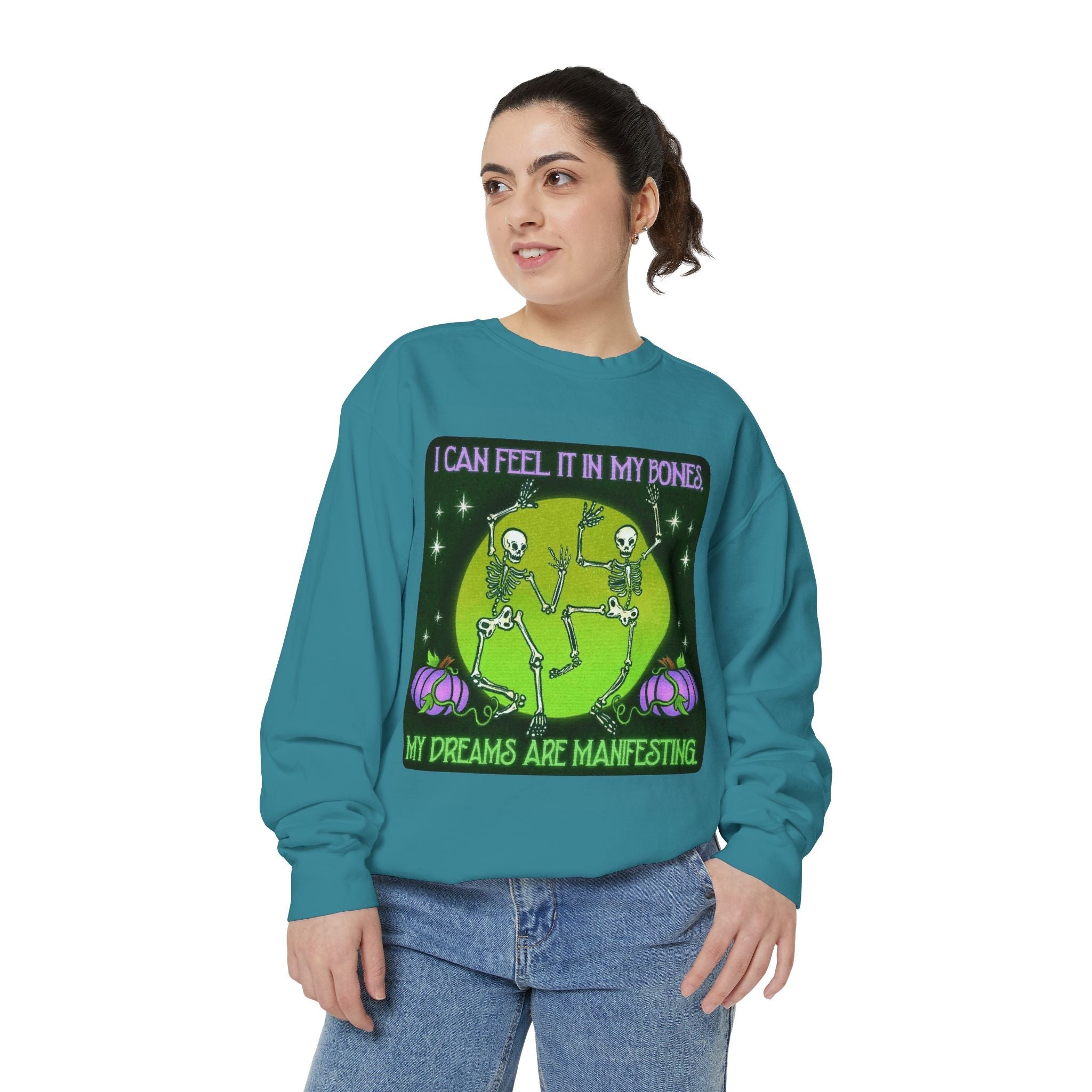 Spooky Manifesting Sweatshirt, Unisex Skeleton Pullover, Halloween Apparel, Cozy Fall Fashion, Casual Trendy Top, Unique Gift - Metamorphosis Creations