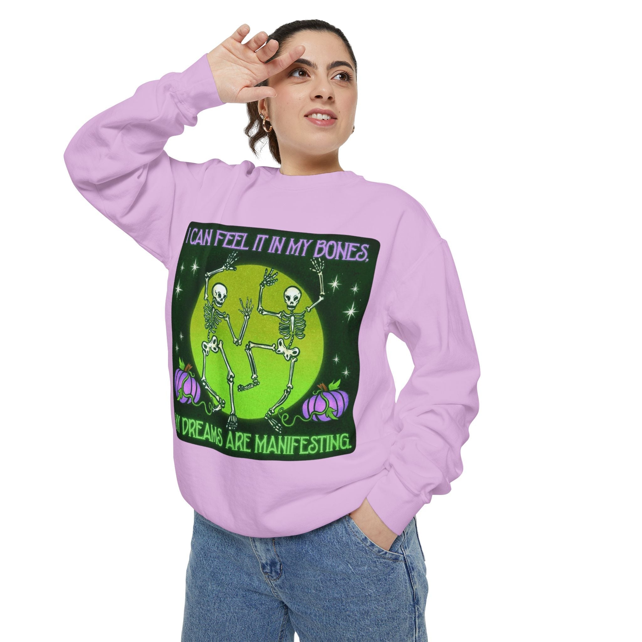 Spooky Manifesting Sweatshirt, Unisex Skeleton Pullover, Halloween Apparel, Cozy Fall Fashion, Casual Trendy Top, Unique Gift - Metamorphosis Creations