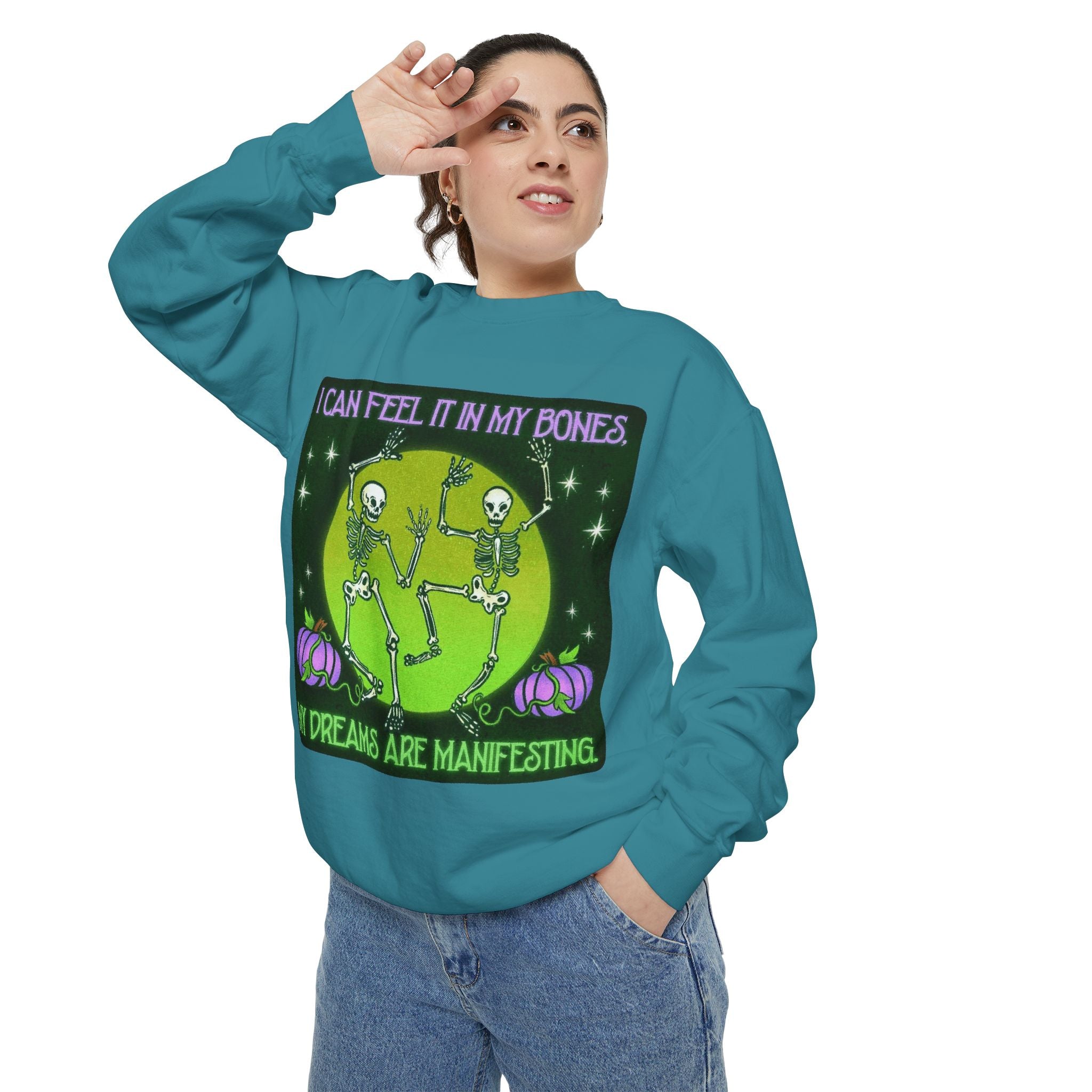 Spooky Manifesting Sweatshirt, Unisex Skeleton Pullover, Halloween Apparel, Cozy Fall Fashion, Casual Trendy Top, Unique Gift - Metamorphosis Creations