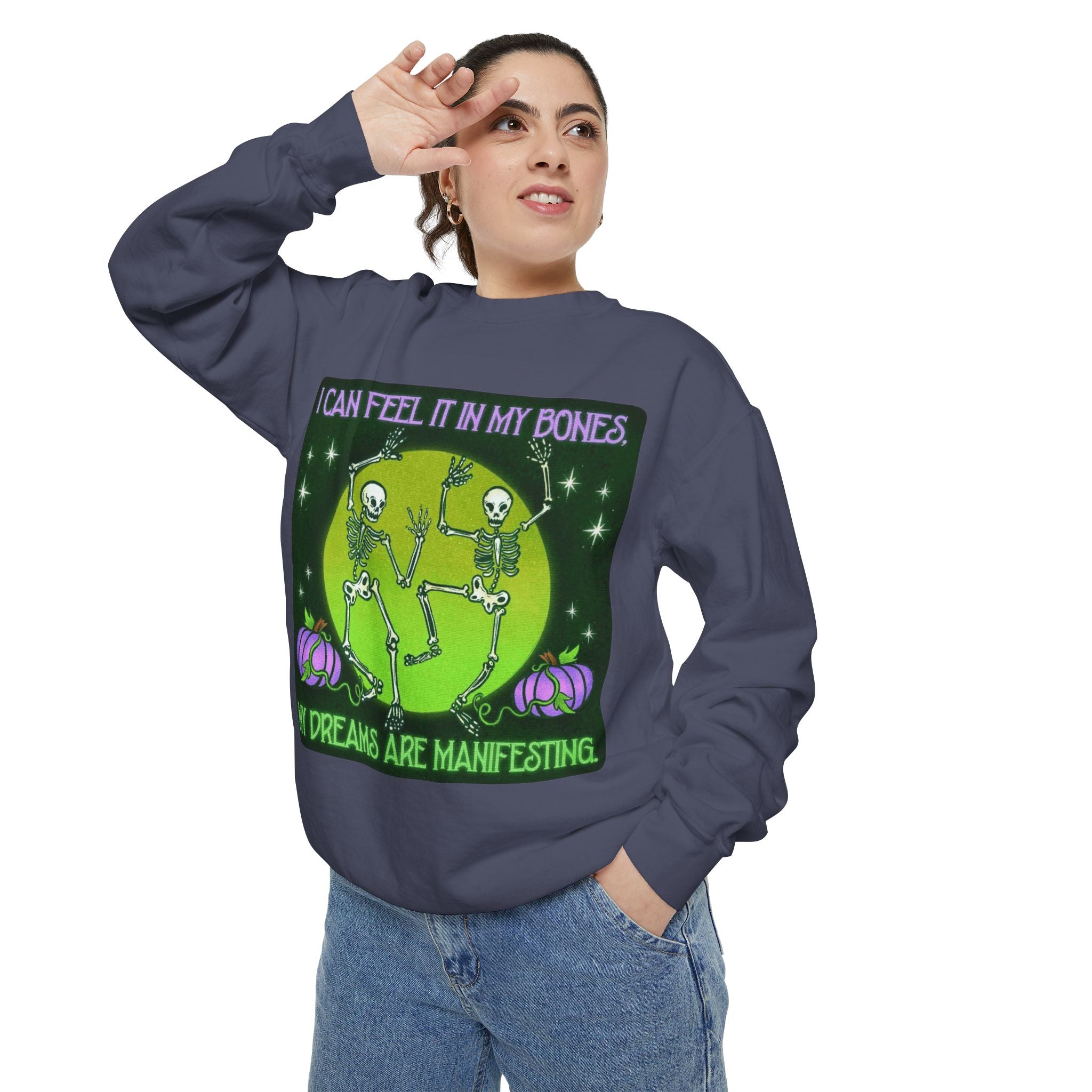 Spooky Manifesting Sweatshirt, Unisex Skeleton Pullover, Halloween Apparel, Cozy Fall Fashion, Casual Trendy Top, Unique Gift - Metamorphosis Creations