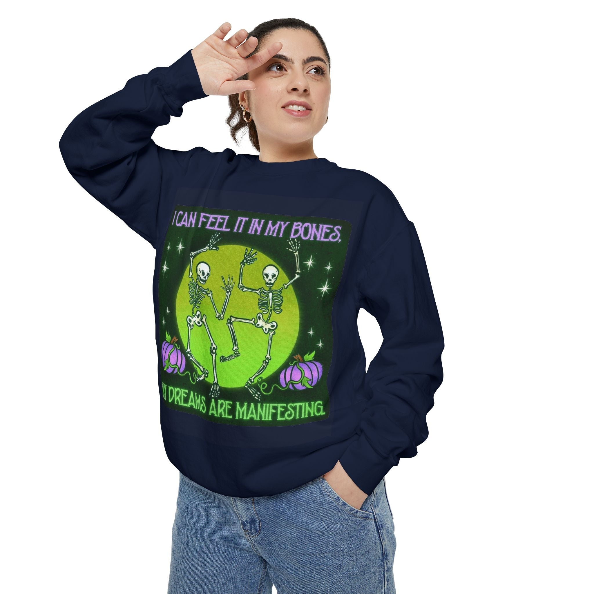Spooky Manifesting Sweatshirt, Unisex Skeleton Pullover, Halloween Apparel, Cozy Fall Fashion, Casual Trendy Top, Unique Gift - Metamorphosis Creations