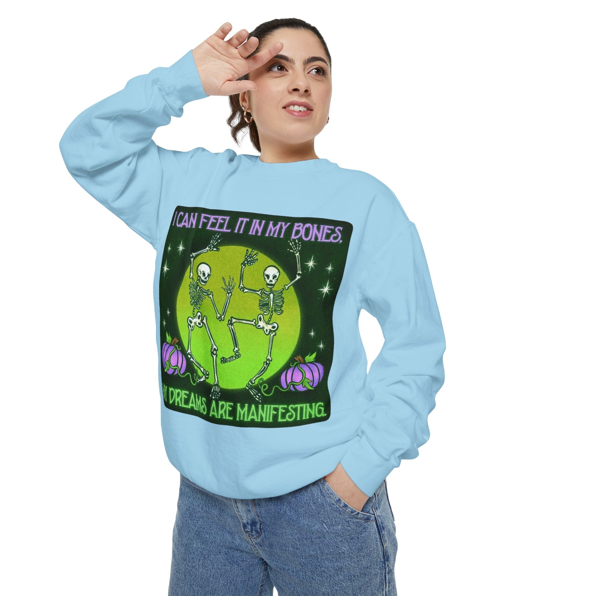 Spooky Manifesting Sweatshirt, Unisex Skeleton Pullover, Halloween Apparel, Cozy Fall Fashion, Casual Trendy Top, Unique Gift - Metamorphosis Creations