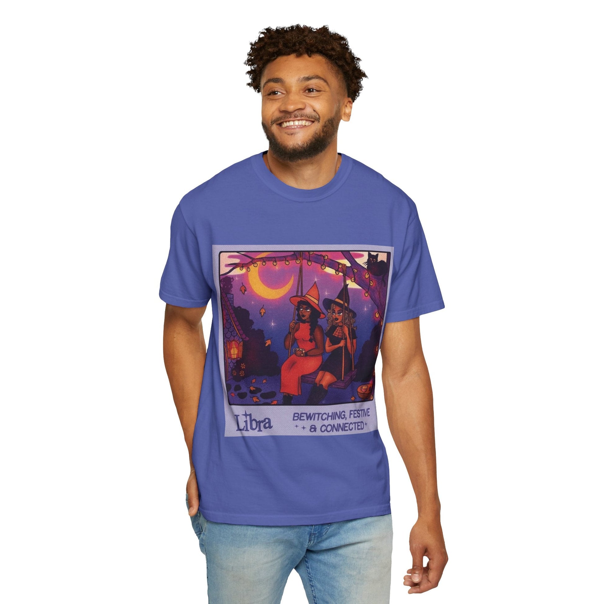 Spooky Vibes Only – Halloween Graphic Tee" Bewitching Libra T-Shirt - Festive and Connected - Unisex Garment - Dyed Tee for Astrology Lovers, Halloween, Birthdays, Gifts, Casual Wear - Metamorphosis Creations