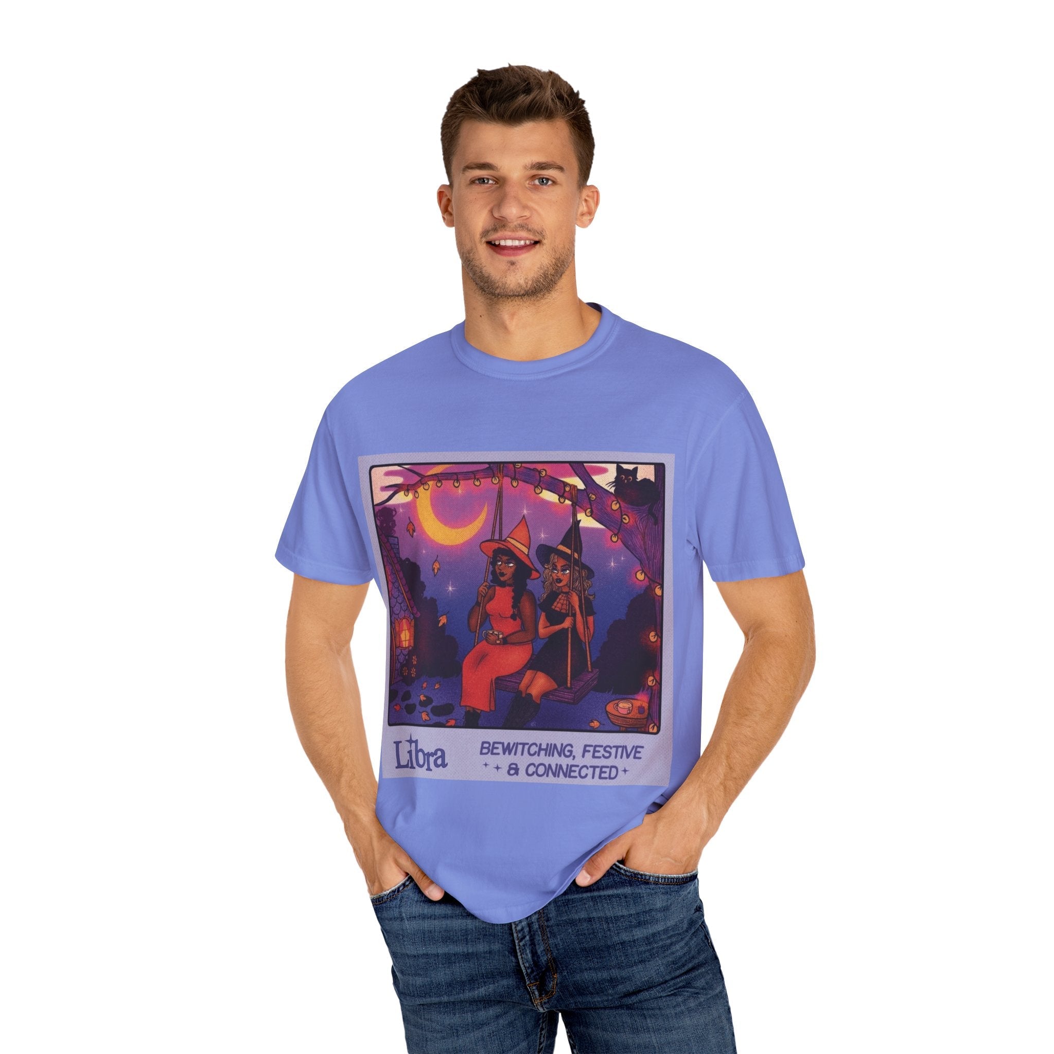 Spooky Vibes Only – Halloween Graphic Tee" Bewitching Libra T-Shirt - Festive and Connected - Unisex Garment - Dyed Tee for Astrology Lovers, Halloween, Birthdays, Gifts, Casual Wear - Metamorphosis Creations