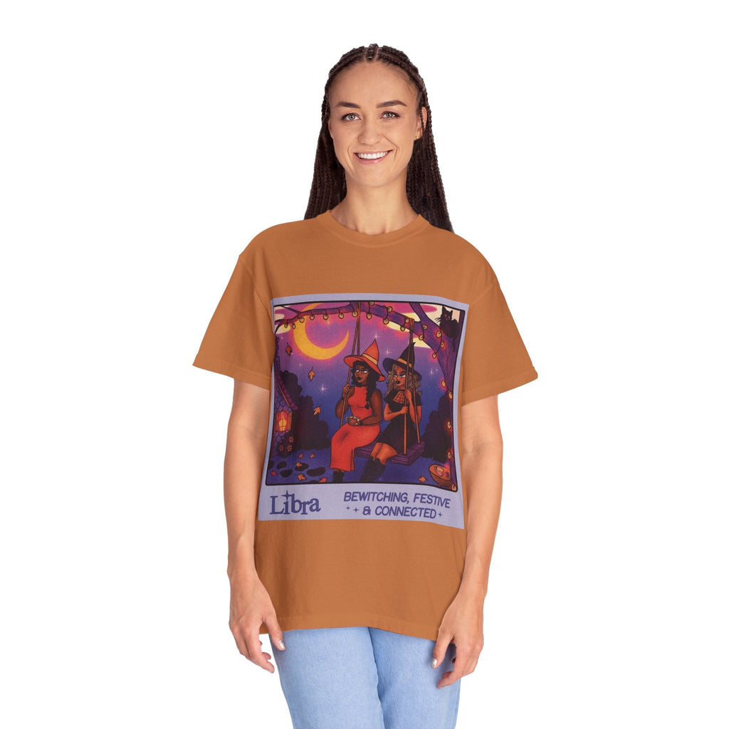 Spooky Vibes Only – Halloween Graphic Tee" Bewitching Libra T-Shirt - Festive and Connected - Unisex Garment - Dyed Tee for Astrology Lovers, Halloween, Birthdays, Gifts, Casual Wear - Metamorphosis Creations