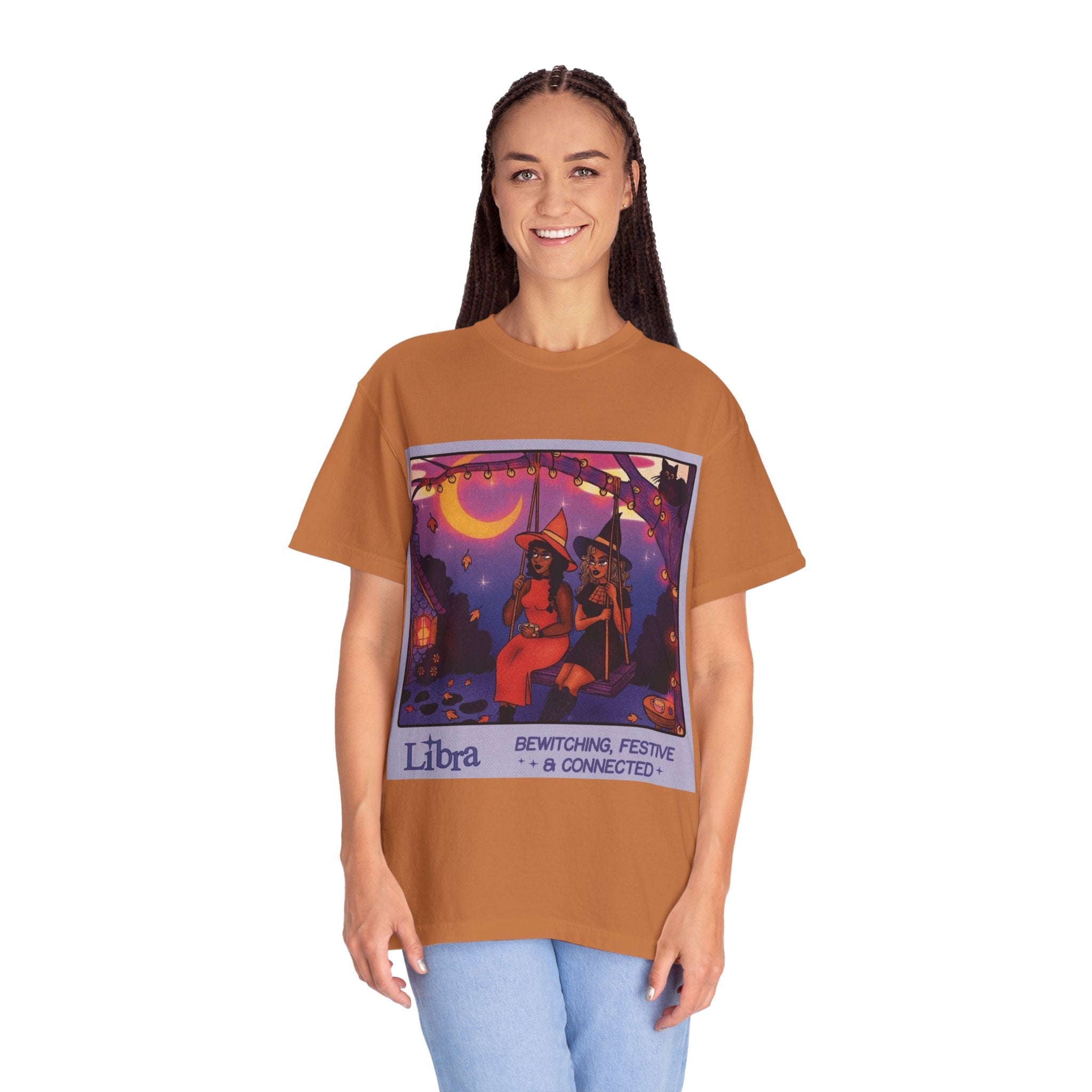 Spooky Vibes Only – Halloween Graphic Tee" Bewitching Libra T-Shirt - Festive and Connected - Unisex Garment - Dyed Tee for Astrology Lovers, Halloween, Birthdays, Gifts, Casual Wear - Metamorphosis Creations