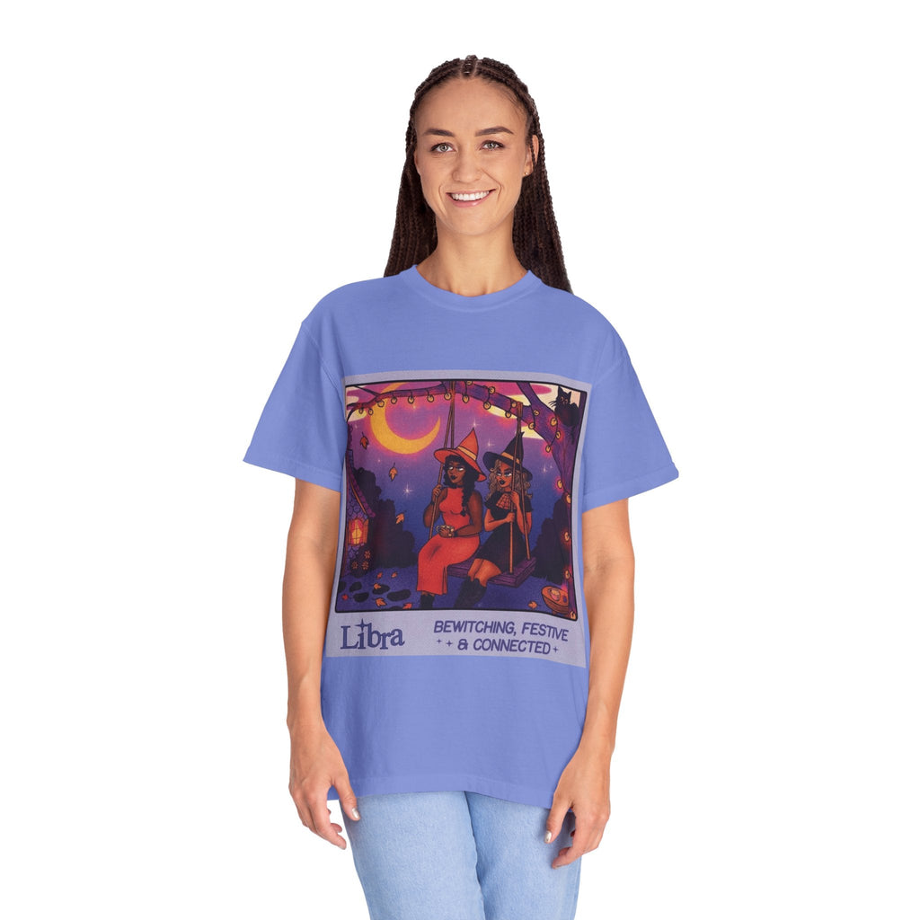 Spooky Vibes Only – Halloween Graphic Tee" Bewitching Libra T-Shirt - Festive and Connected - Unisex Garment - Dyed Tee for Astrology Lovers, Halloween, Birthdays, Gifts, Casual Wear - Metamorphosis Creations