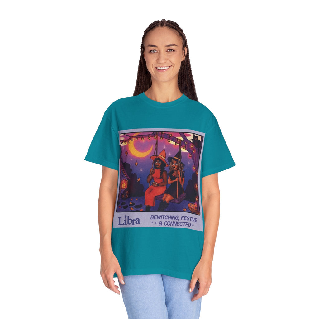 Spooky Vibes Only – Halloween Graphic Tee" Bewitching Libra T-Shirt - Festive and Connected - Unisex Garment - Dyed Tee for Astrology Lovers, Halloween, Birthdays, Gifts, Casual Wear - Metamorphosis Creations