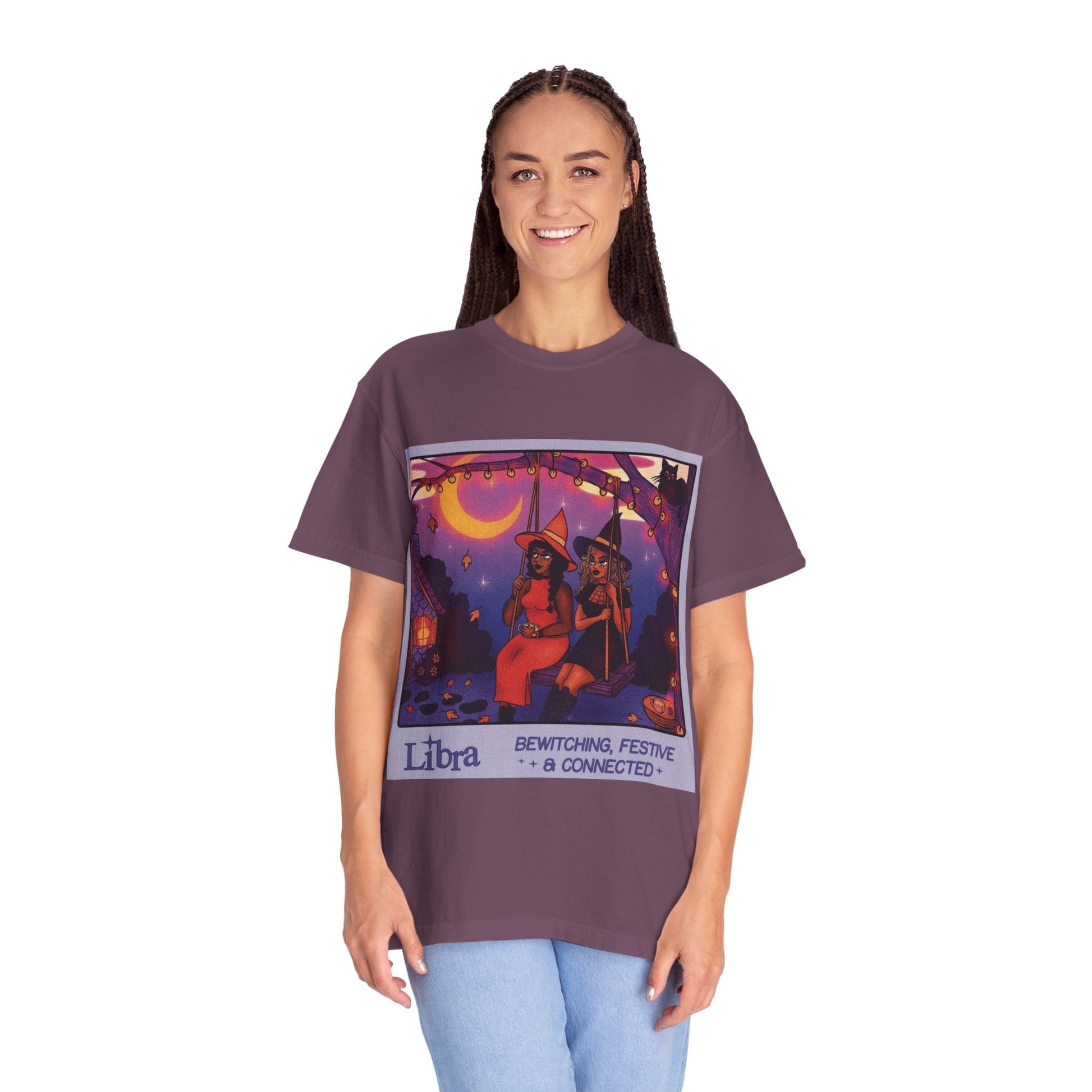 Spooky Vibes Only – Halloween Graphic Tee" Bewitching Libra T-Shirt - Festive and Connected - Unisex Garment - Dyed Tee for Astrology Lovers, Halloween, Birthdays, Gifts, Casual Wear - Metamorphosis Creations