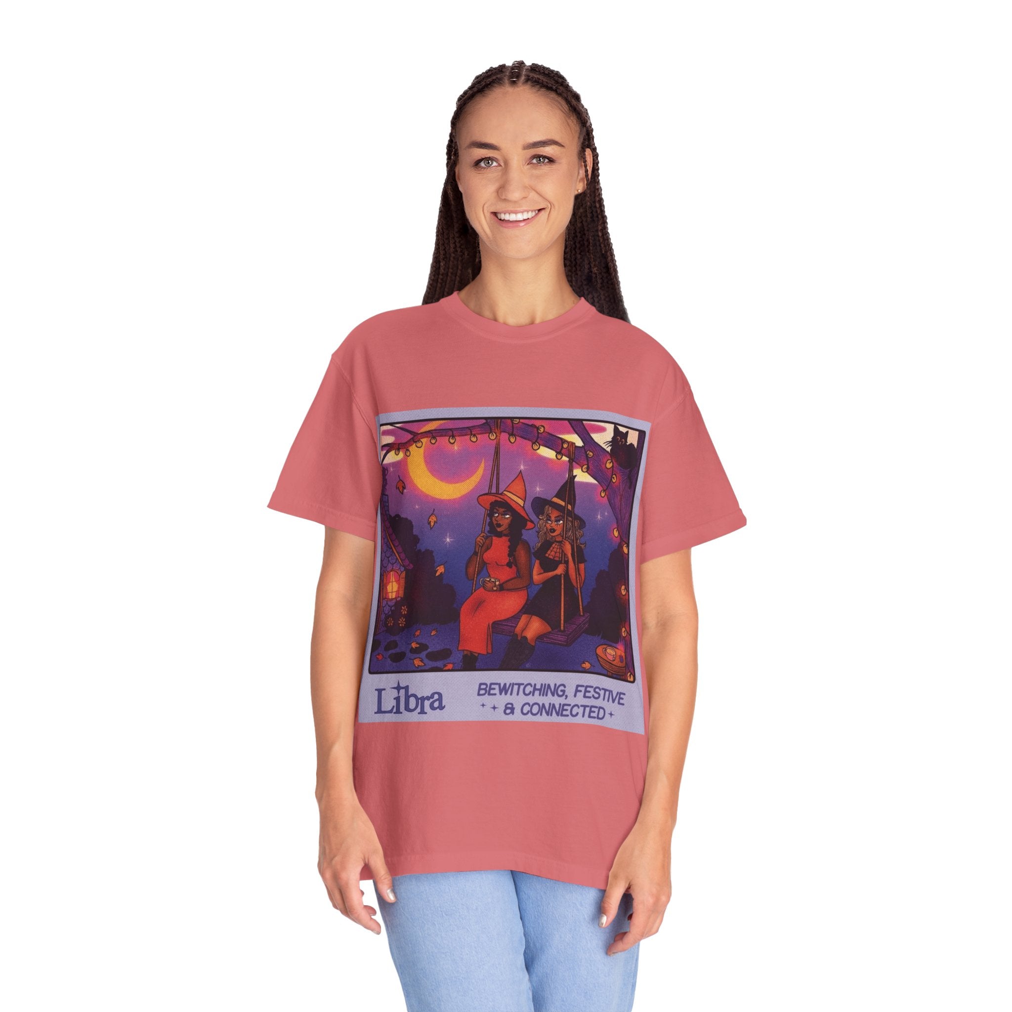 Spooky Vibes Only – Halloween Graphic Tee" Bewitching Libra T-Shirt - Festive and Connected - Unisex Garment - Dyed Tee for Astrology Lovers, Halloween, Birthdays, Gifts, Casual Wear - Metamorphosis Creations
