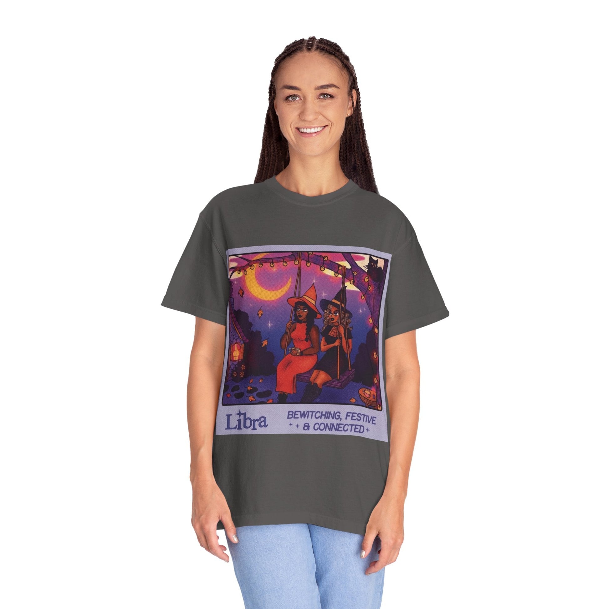 Spooky Vibes Only – Halloween Graphic Tee" Bewitching Libra T-Shirt - Festive and Connected - Unisex Garment - Dyed Tee for Astrology Lovers, Halloween, Birthdays, Gifts, Casual Wear - Metamorphosis Creations
