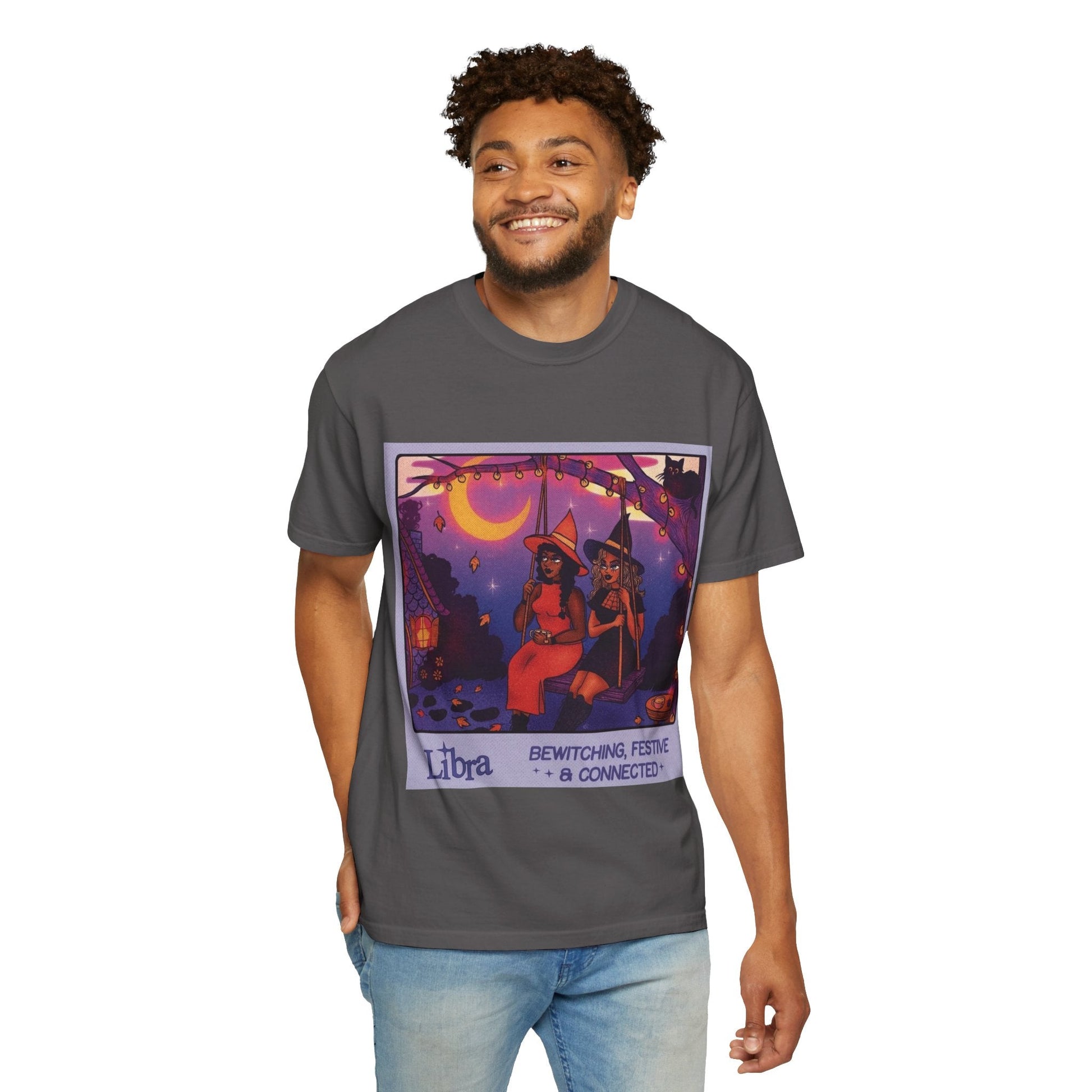 Spooky Vibes Only – Halloween Graphic Tee" Bewitching Libra T-Shirt - Festive and Connected - Unisex Garment - Dyed Tee for Astrology Lovers, Halloween, Birthdays, Gifts, Casual Wear - Metamorphosis Creations