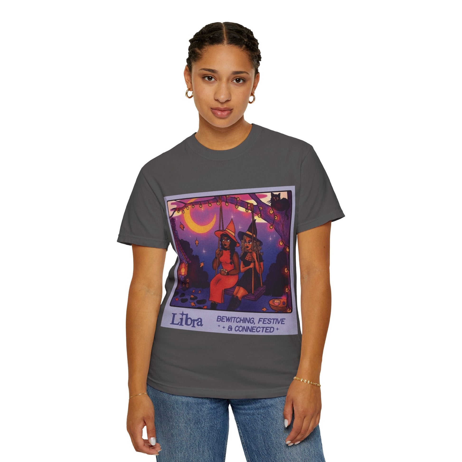 Spooky Vibes Only – Halloween Graphic Tee" Bewitching Libra T-Shirt - Festive and Connected - Unisex Garment - Dyed Tee for Astrology Lovers, Halloween, Birthdays, Gifts, Casual Wear - Metamorphosis Creations