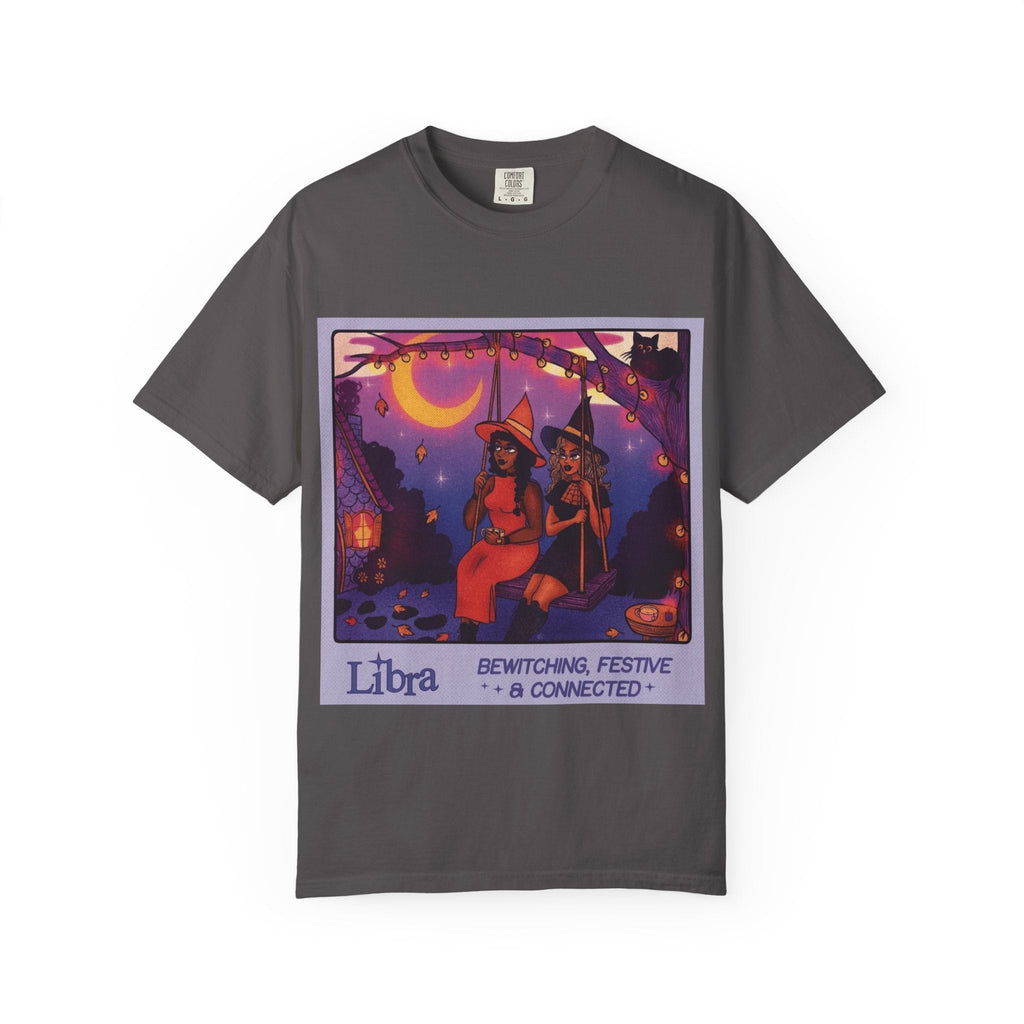 Spooky Vibes Only – Halloween Graphic Tee" Bewitching Libra T-Shirt - Festive and Connected - Unisex Garment - Dyed Tee for Astrology Lovers, Halloween, Birthdays, Gifts, Casual Wear - Metamorphosis Creations