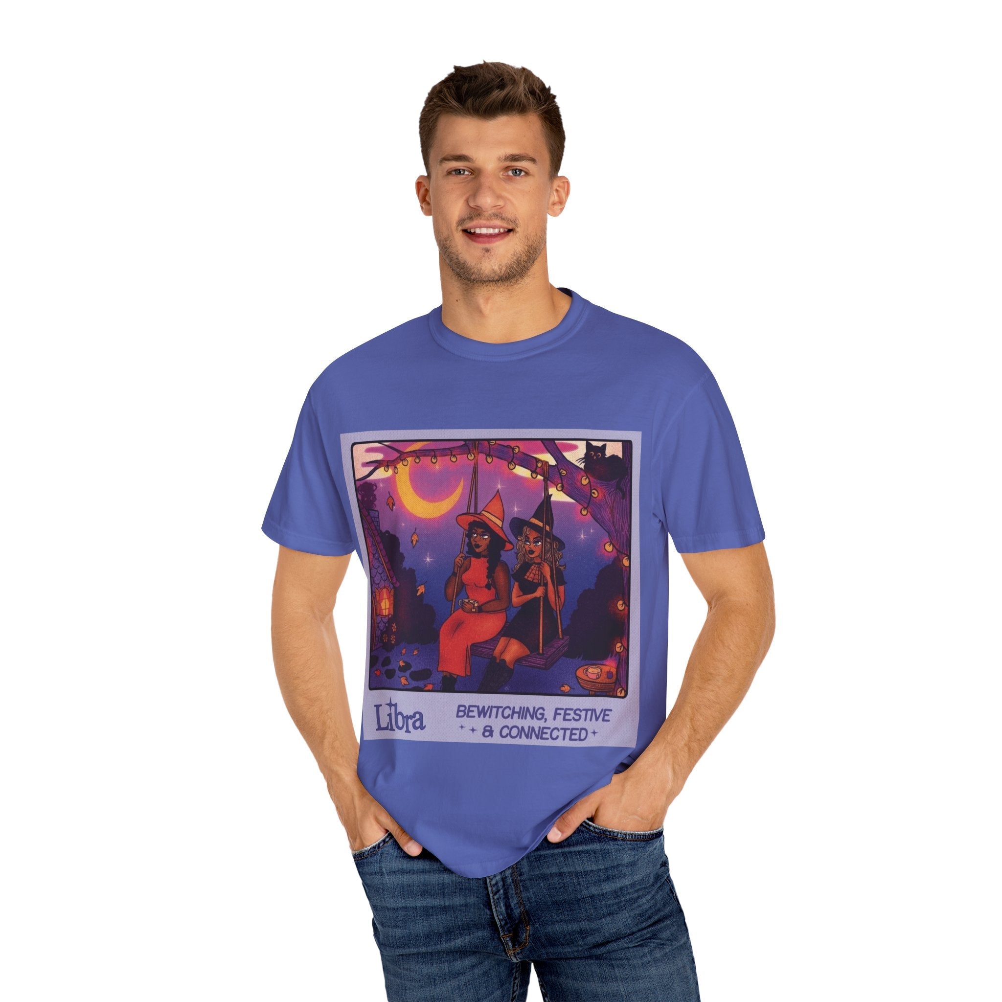 Spooky Vibes Only – Halloween Graphic Tee" Bewitching Libra T-Shirt - Festive and Connected - Unisex Garment - Dyed Tee for Astrology Lovers, Halloween, Birthdays, Gifts, Casual Wear - Metamorphosis Creations
