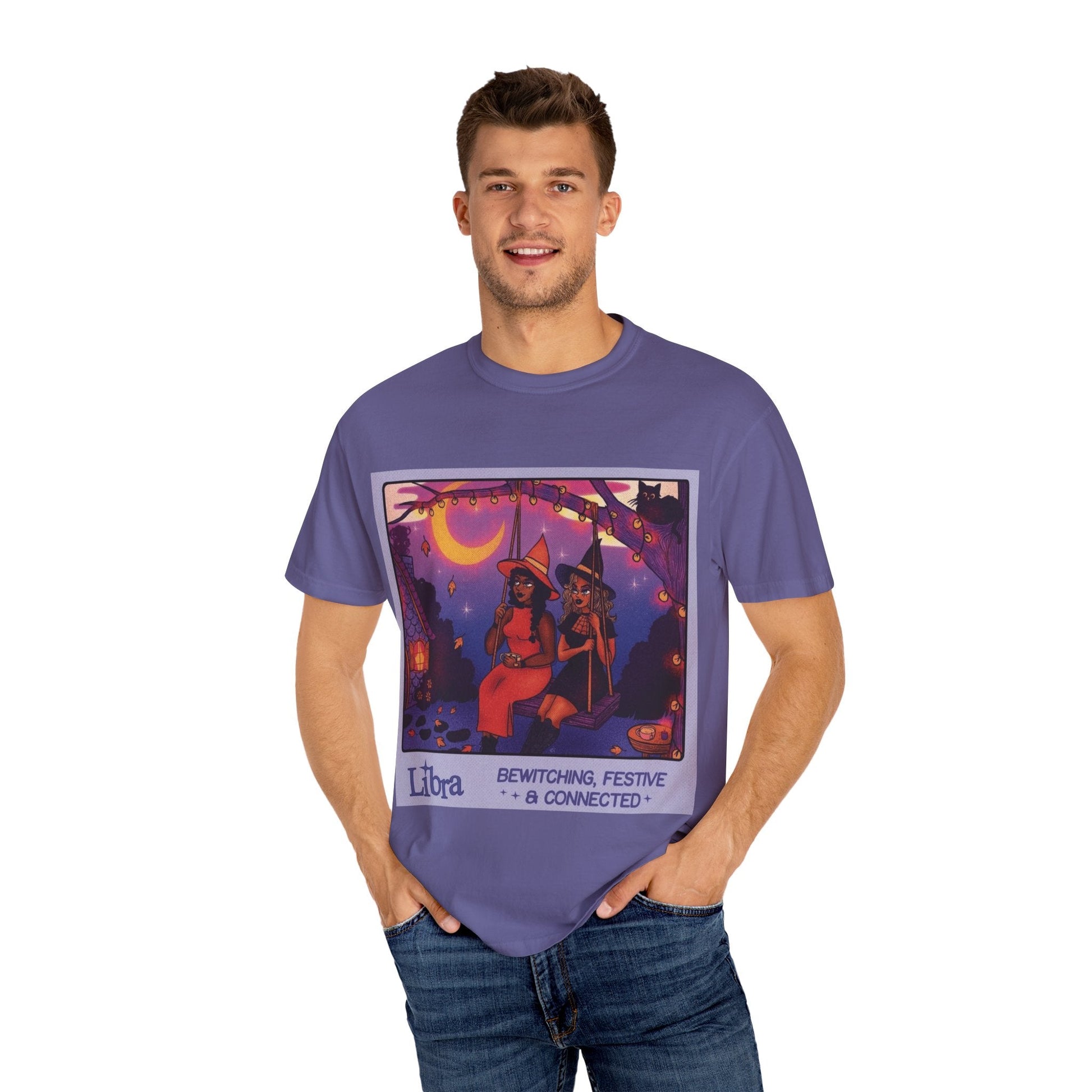 Spooky Vibes Only – Halloween Graphic Tee" Bewitching Libra T-Shirt - Festive and Connected - Unisex Garment - Dyed Tee for Astrology Lovers, Halloween, Birthdays, Gifts, Casual Wear - Metamorphosis Creations
