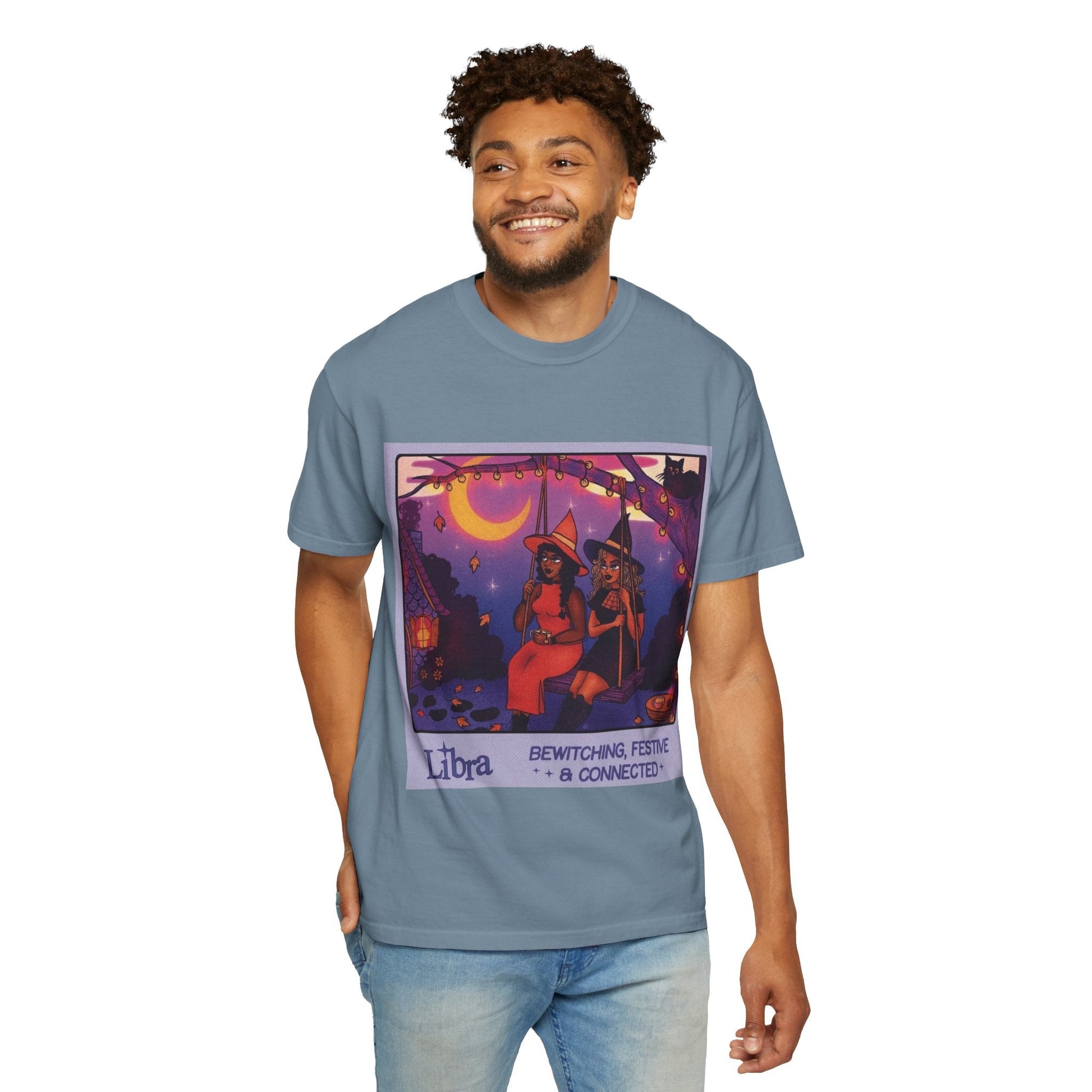 Spooky Vibes Only – Halloween Graphic Tee" Bewitching Libra T-Shirt - Festive and Connected - Unisex Garment - Dyed Tee for Astrology Lovers, Halloween, Birthdays, Gifts, Casual Wear - Metamorphosis Creations