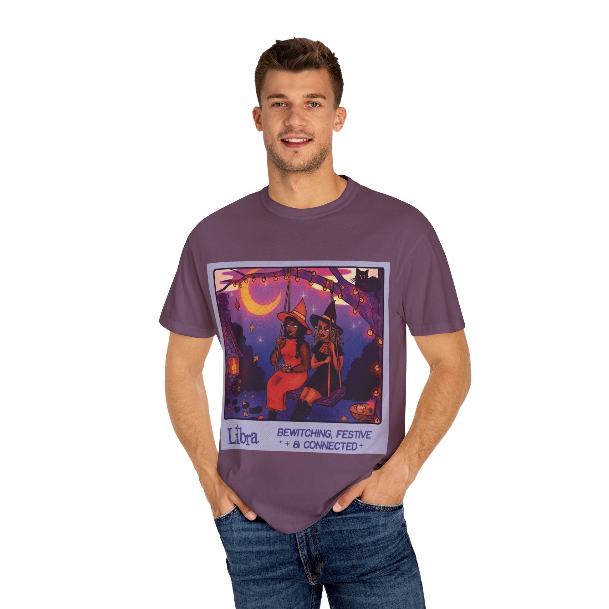 Spooky Vibes Only – Halloween Graphic Tee" Bewitching Libra T-Shirt - Festive and Connected - Unisex Garment - Dyed Tee for Astrology Lovers, Halloween, Birthdays, Gifts, Casual Wear - Metamorphosis Creations