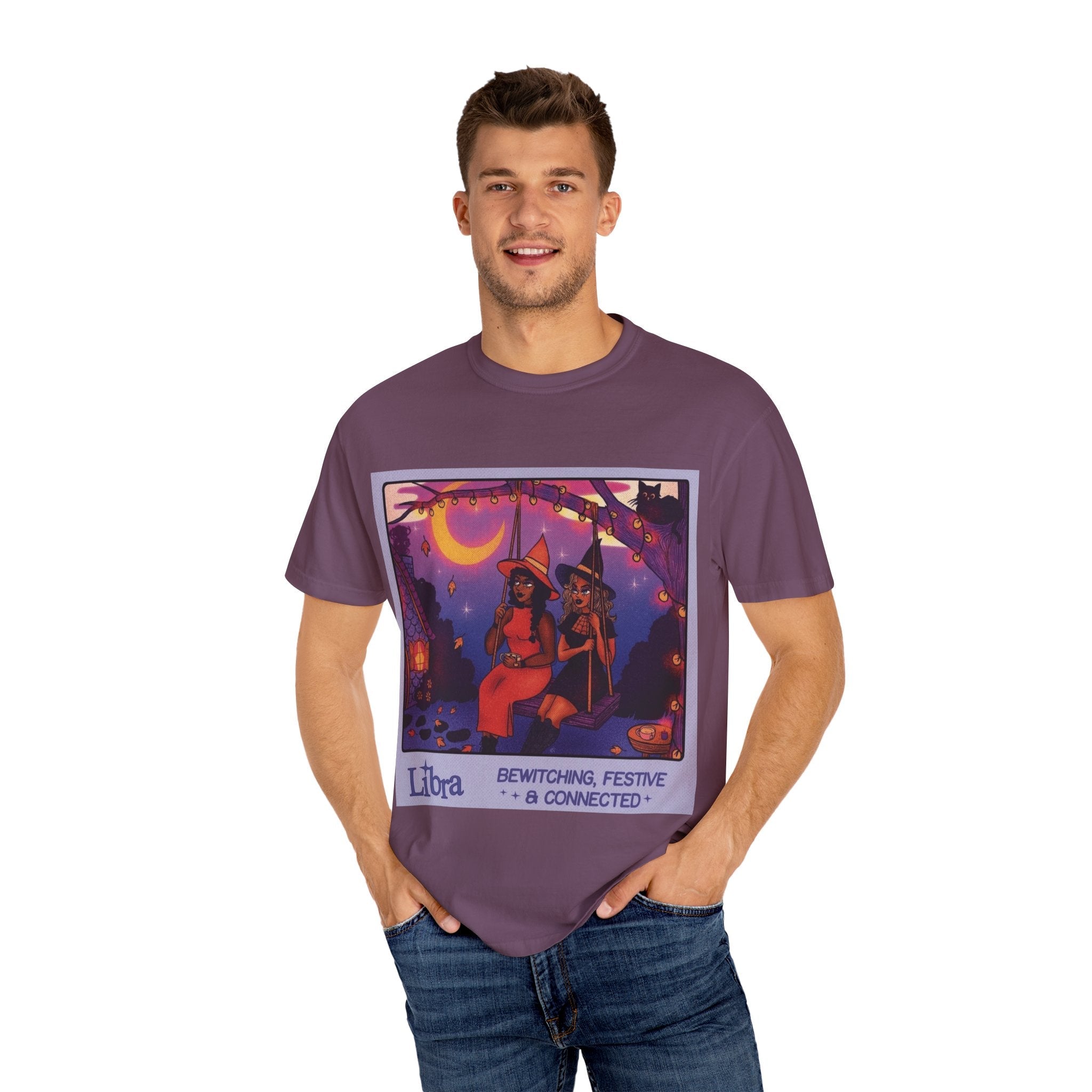 Spooky Vibes Only – Halloween Graphic Tee" Bewitching Libra T-Shirt - Festive and Connected - Unisex Garment - Dyed Tee for Astrology Lovers, Halloween, Birthdays, Gifts, Casual Wear - Metamorphosis Creations