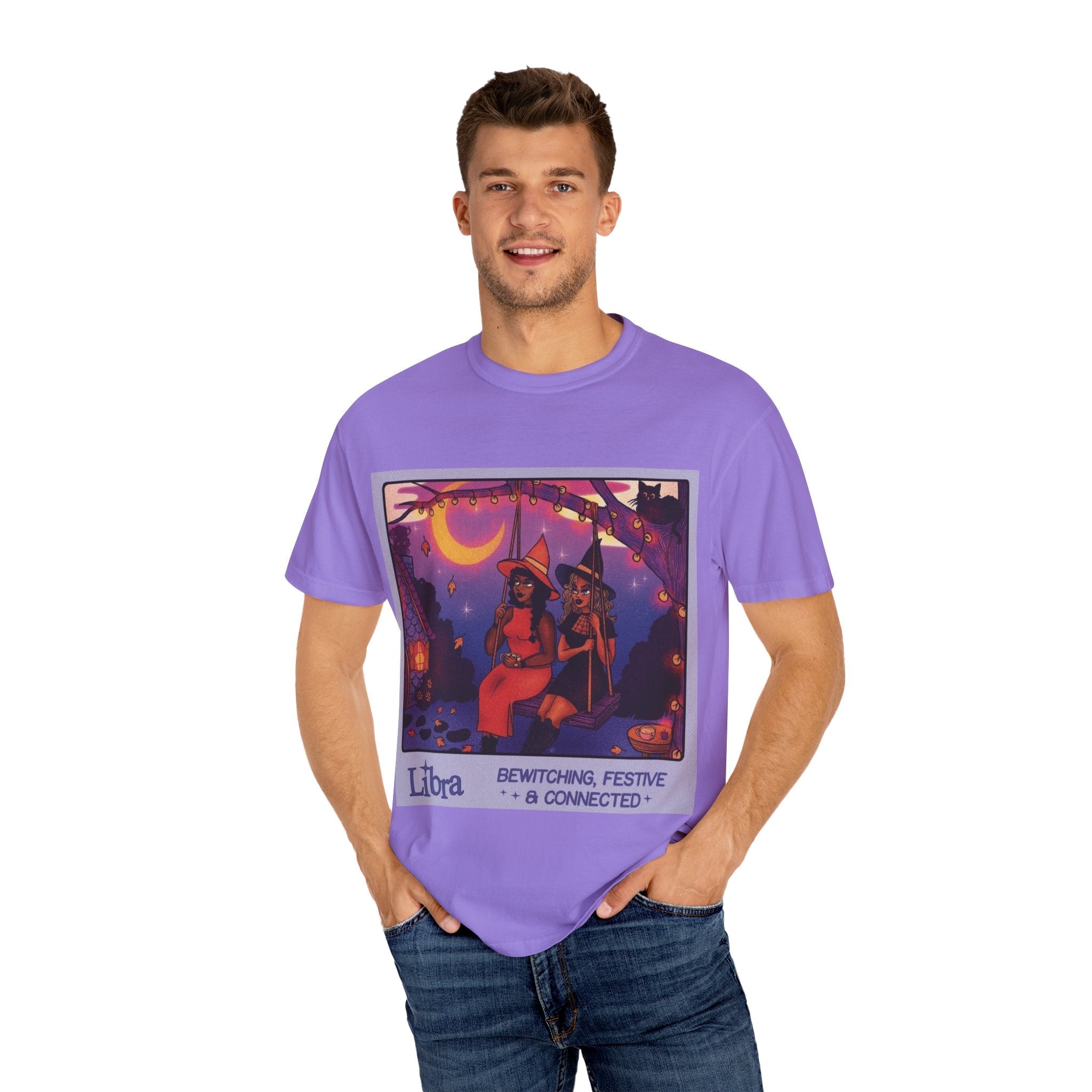 Spooky Vibes Only – Halloween Graphic Tee" Bewitching Libra T-Shirt - Festive and Connected - Unisex Garment - Dyed Tee for Astrology Lovers, Halloween, Birthdays, Gifts, Casual Wear - Metamorphosis Creations