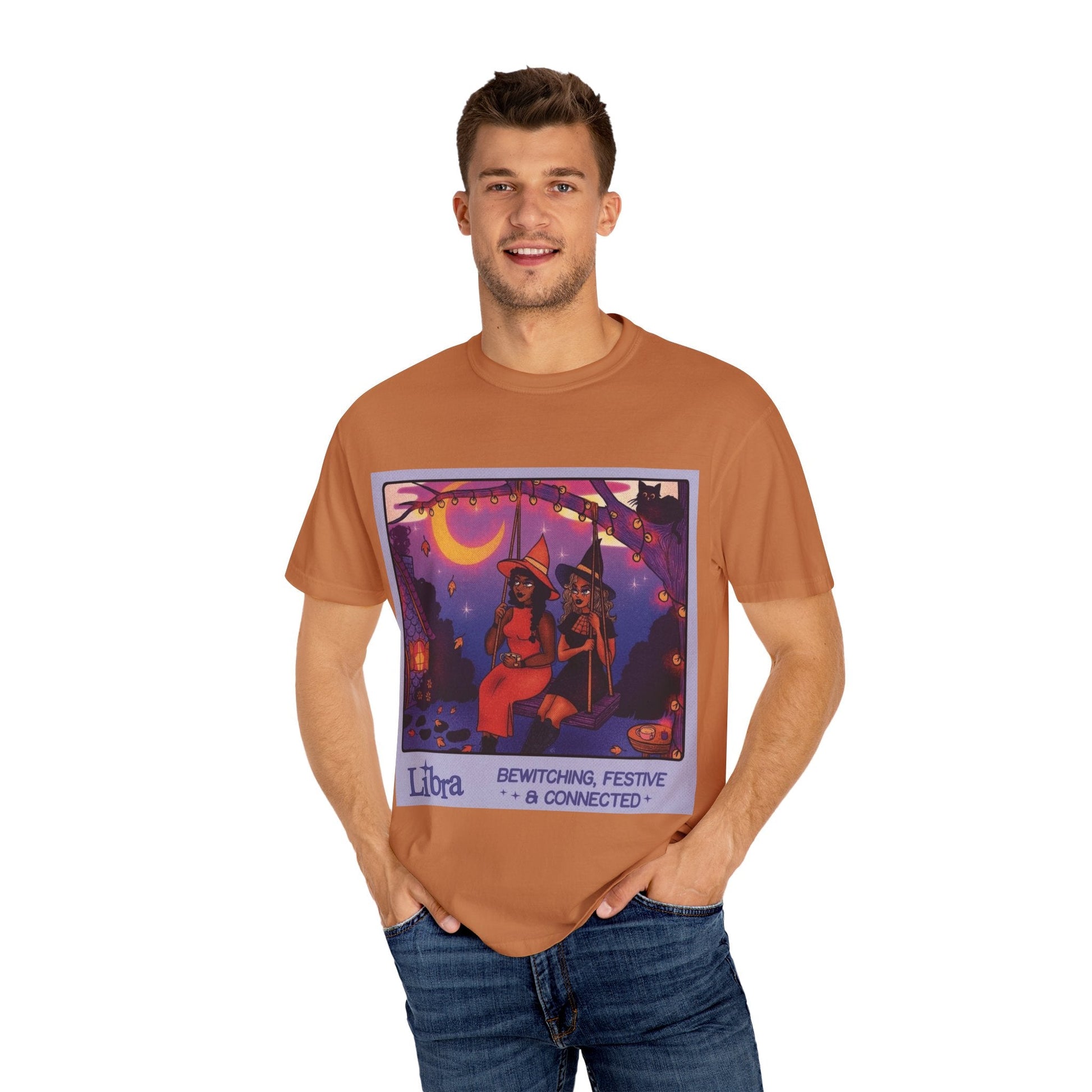 Spooky Vibes Only – Halloween Graphic Tee" Bewitching Libra T-Shirt - Festive and Connected - Unisex Garment - Dyed Tee for Astrology Lovers, Halloween, Birthdays, Gifts, Casual Wear - Metamorphosis Creations